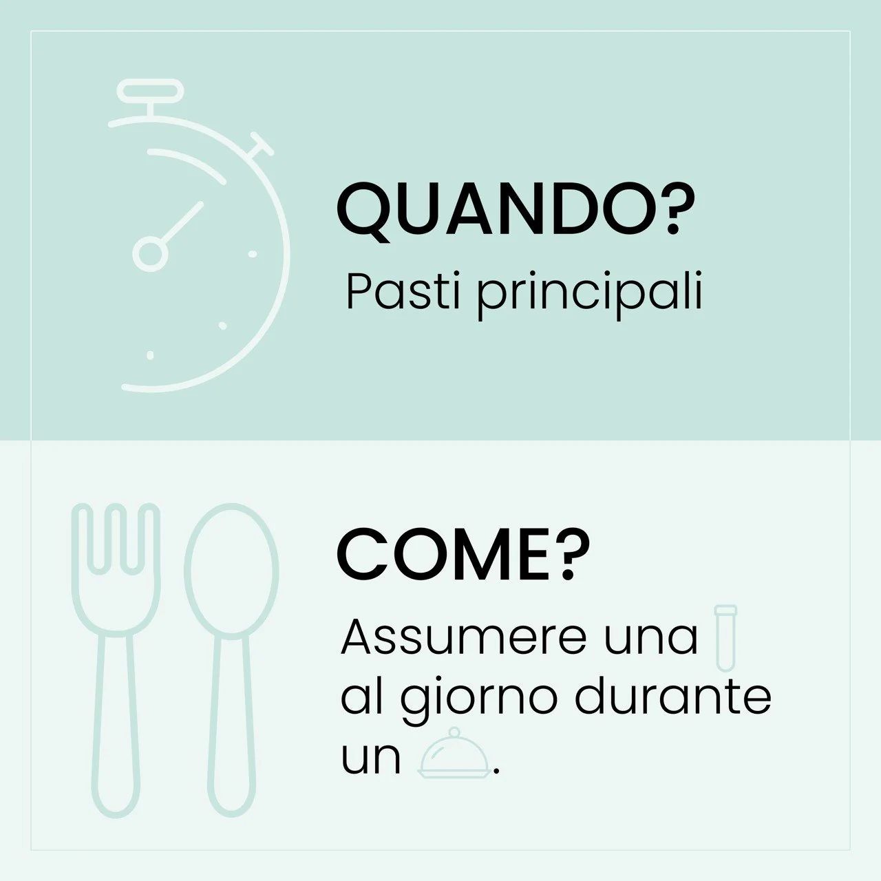 Grafica con orologio e posate. Testo: Quando? Pasti principali. Come? Assumere uno al giorno durante un pasto.