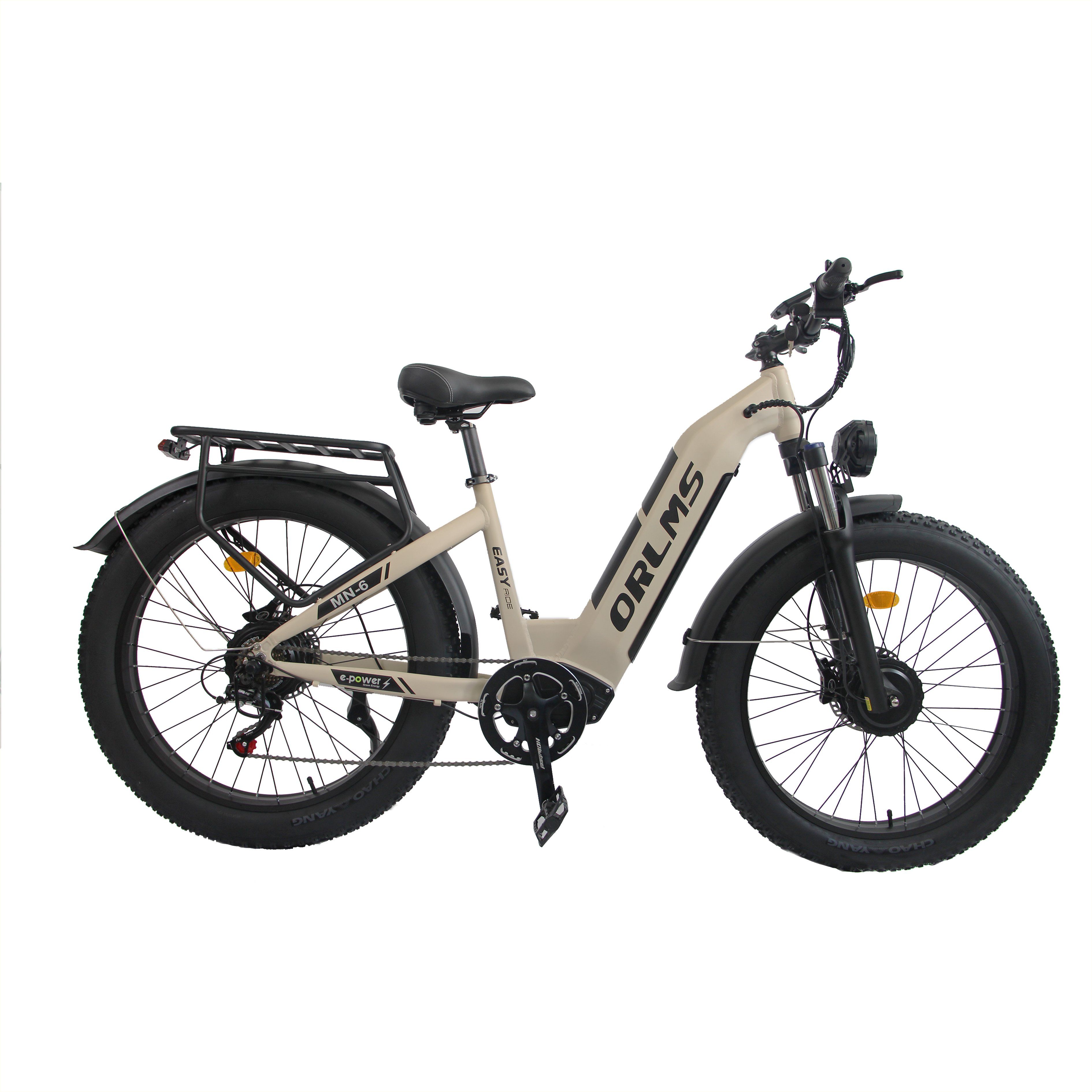 Bicicletta elettrica beige, pneumatici neri. Marchio ORLMS visibile.