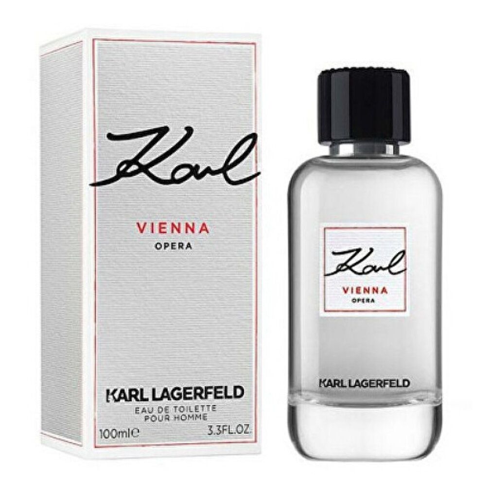 Karl Lagerfeld Vienna Opera Eau de Toilette con confezione. Flacone e scatola. Tappo nero, etichetta rossa.