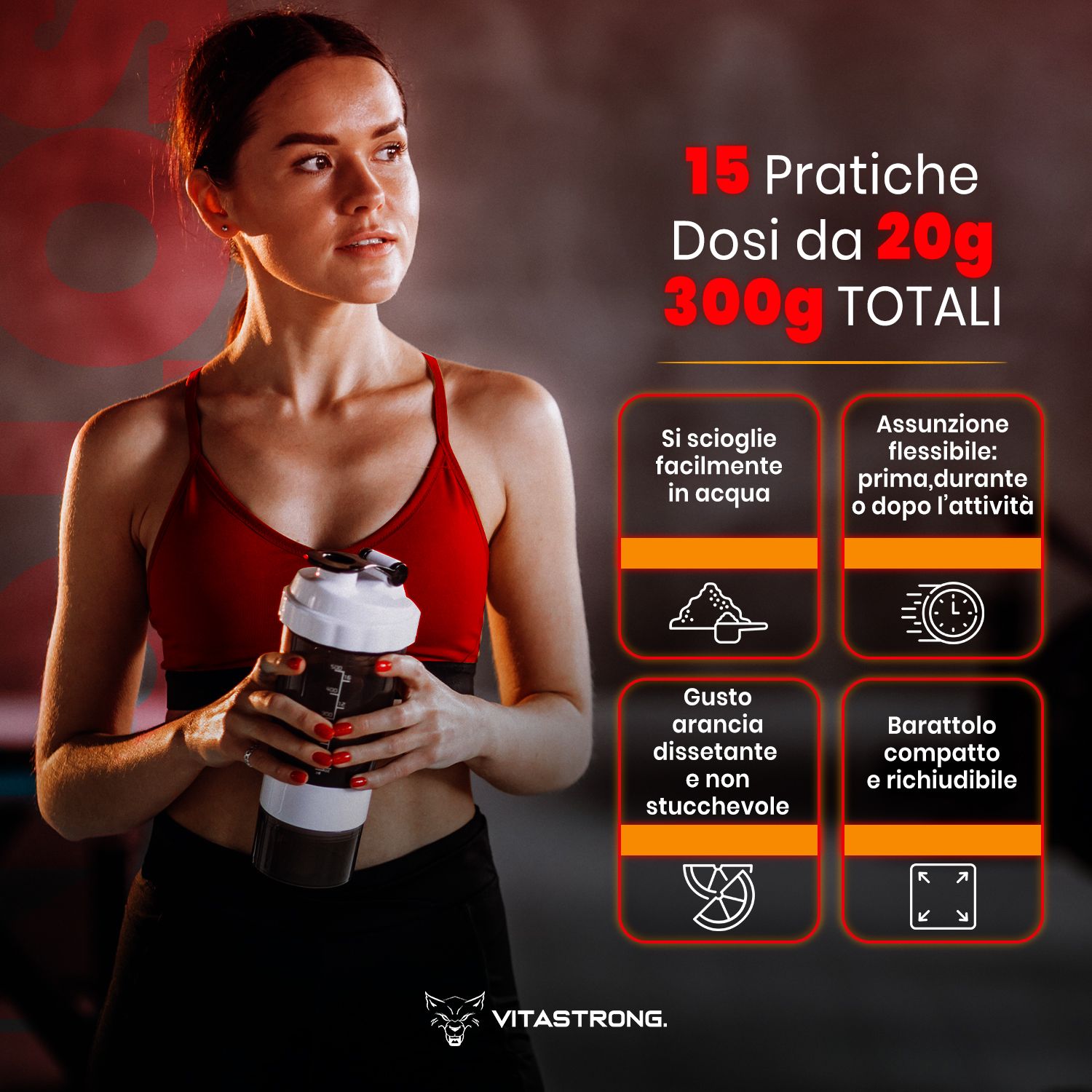 Donna con shaker. Testo su 15 porzioni. Quattro simboli. Elementi rossi e gialli. Logo.