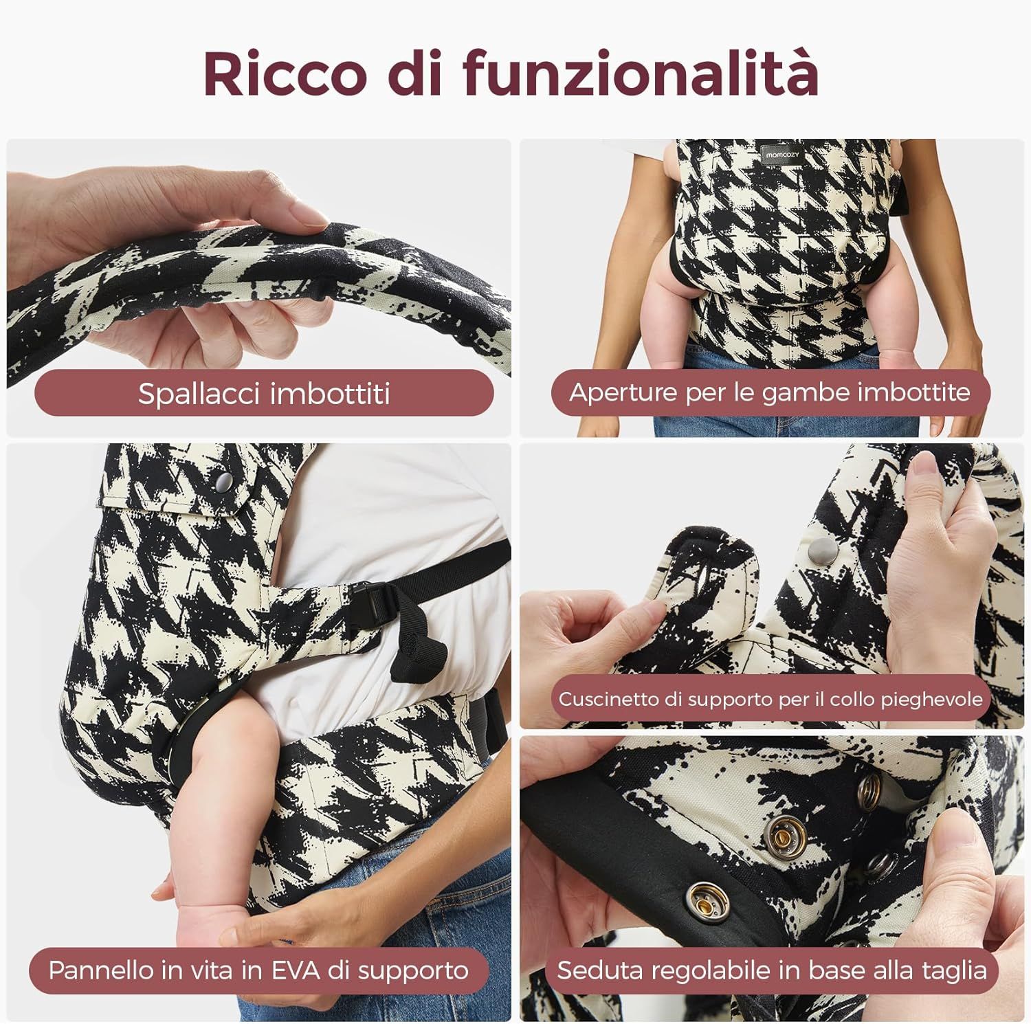 Momcozy Marsupio per Bambini Leggero e Traspirante con Motivo a Quadri Bianco e Nero
