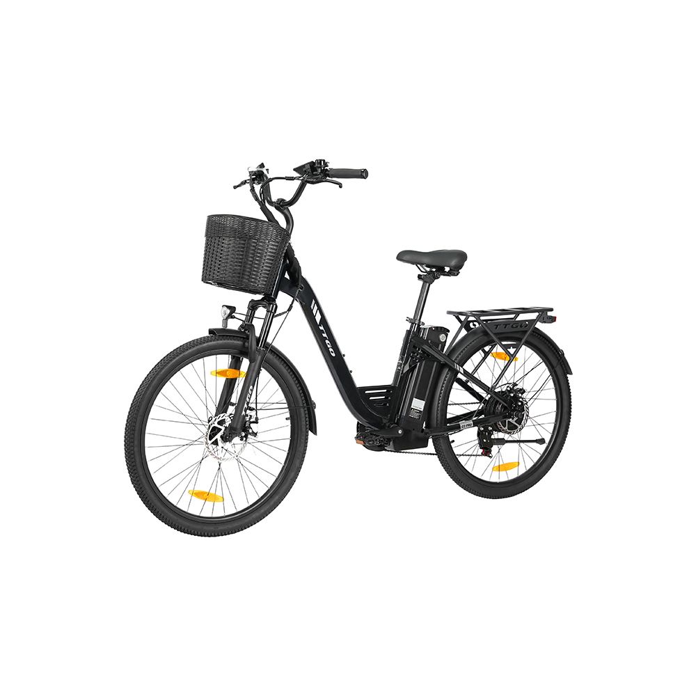 E-bike TTGO C2 PRO nero. Cestino anteriore, portapacchi posteriore. Shimano 7 velocità. Batteria telaio.