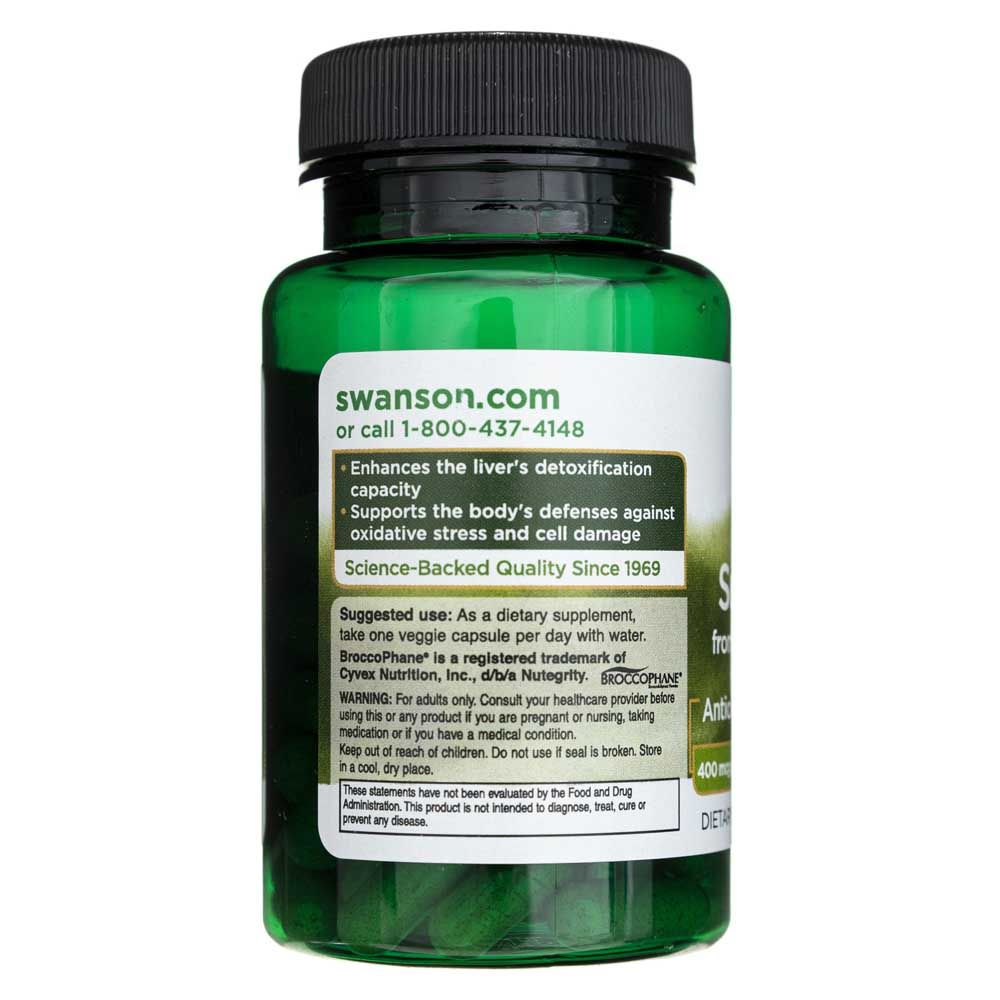 Retro del flacone: modo d'uso, avvertenza, Broccophané, Swanson Health Products.