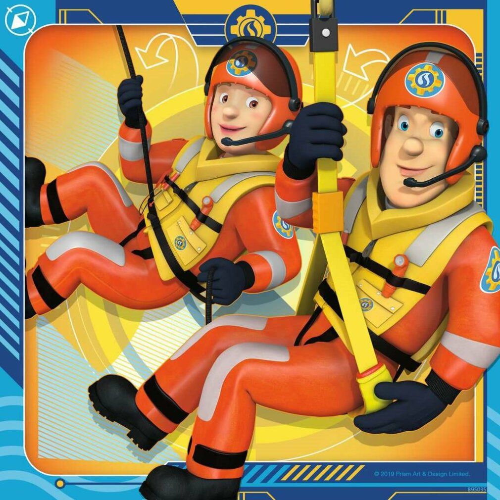 Puzzle Pz. Unser Held Sam. Due pompieri in attrezzatura arancione. Sfondo giallo con corda.