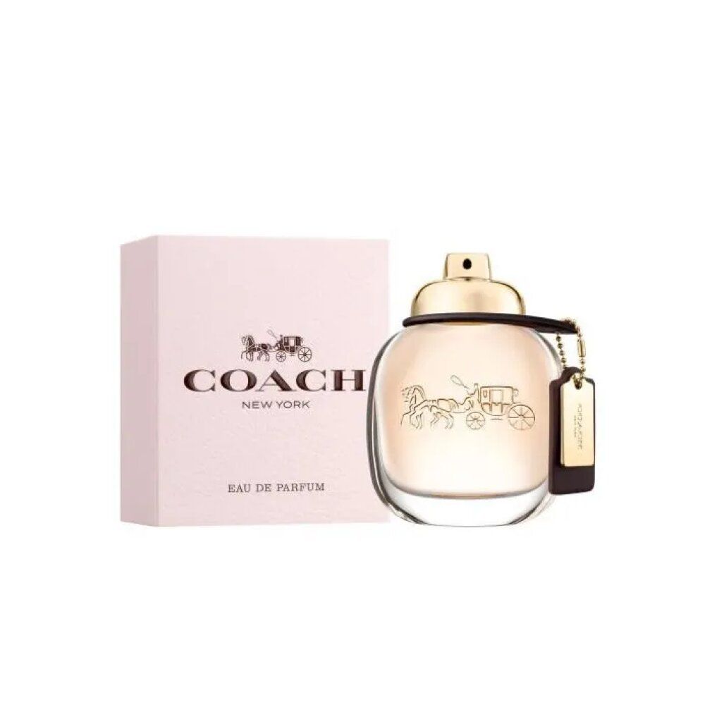 Flacone di profumo e confezione. Flacone rotondo, tappo dorato, ciondolo. Confezione rosa, logo Coach.