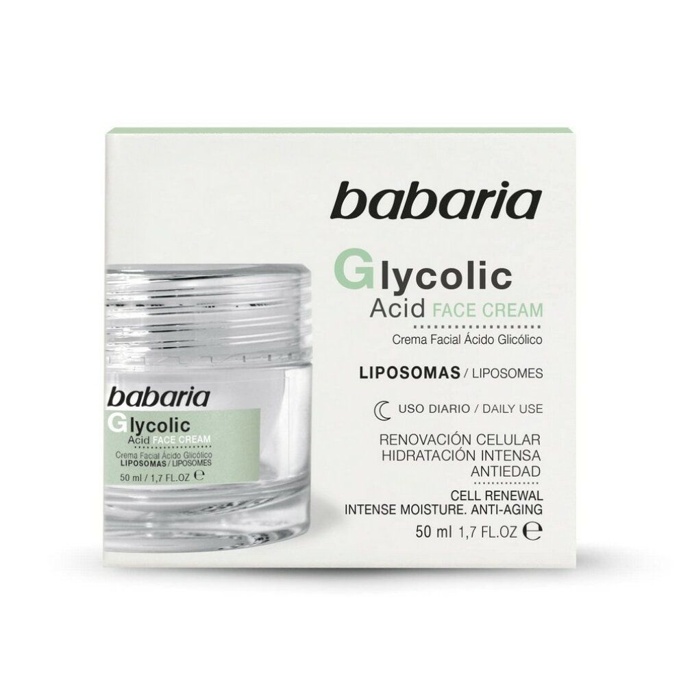 Vasetto di crema Babaria Glycolic Acid su confezione bianca. Scritte in inglese e spagnolo.