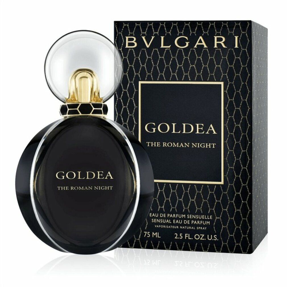 Flacone e confezione neri. Scritta: Goldea The Roman Night. Marchio: Bvlgari. 75 ml.