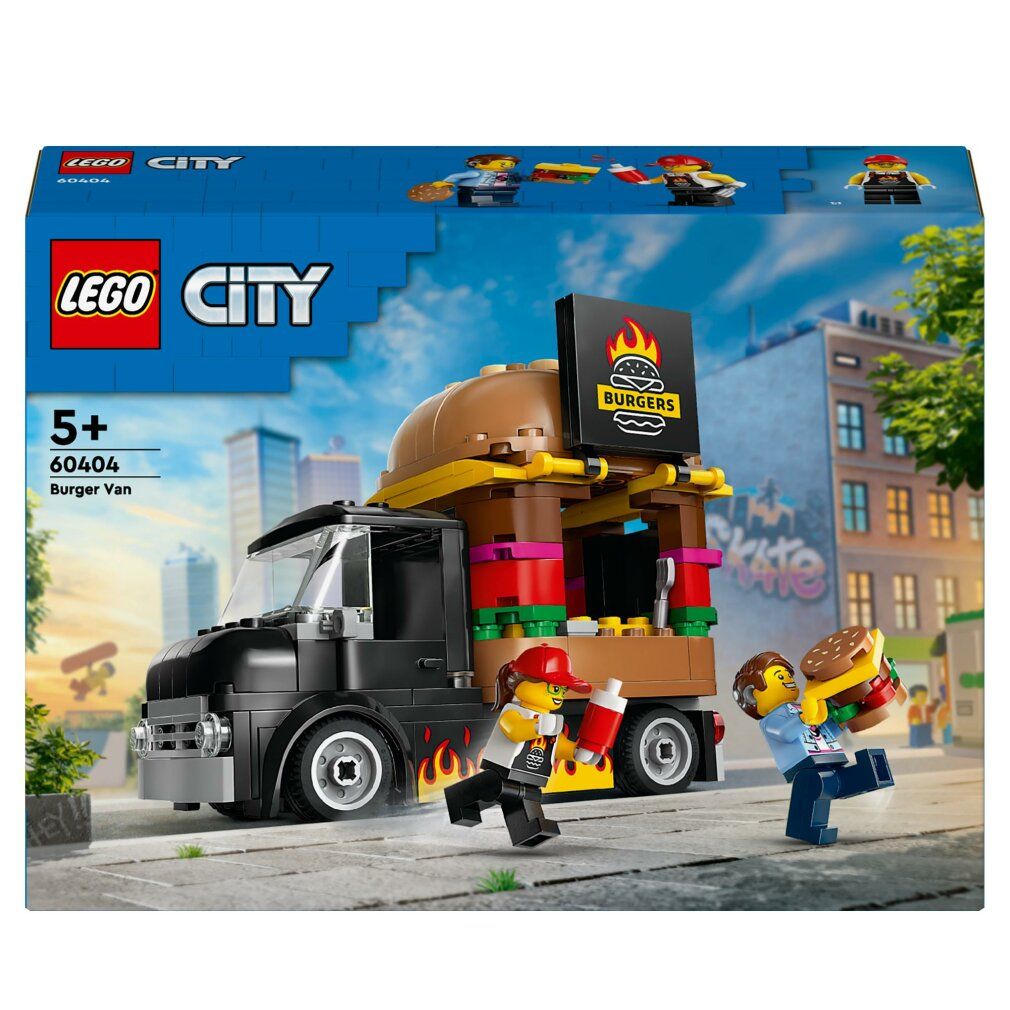 Scatola LEGO City 60404. Mostra un food truck nero con struttura a forma di hamburger, personaggi e hamburger. Scritta: BURGERS.