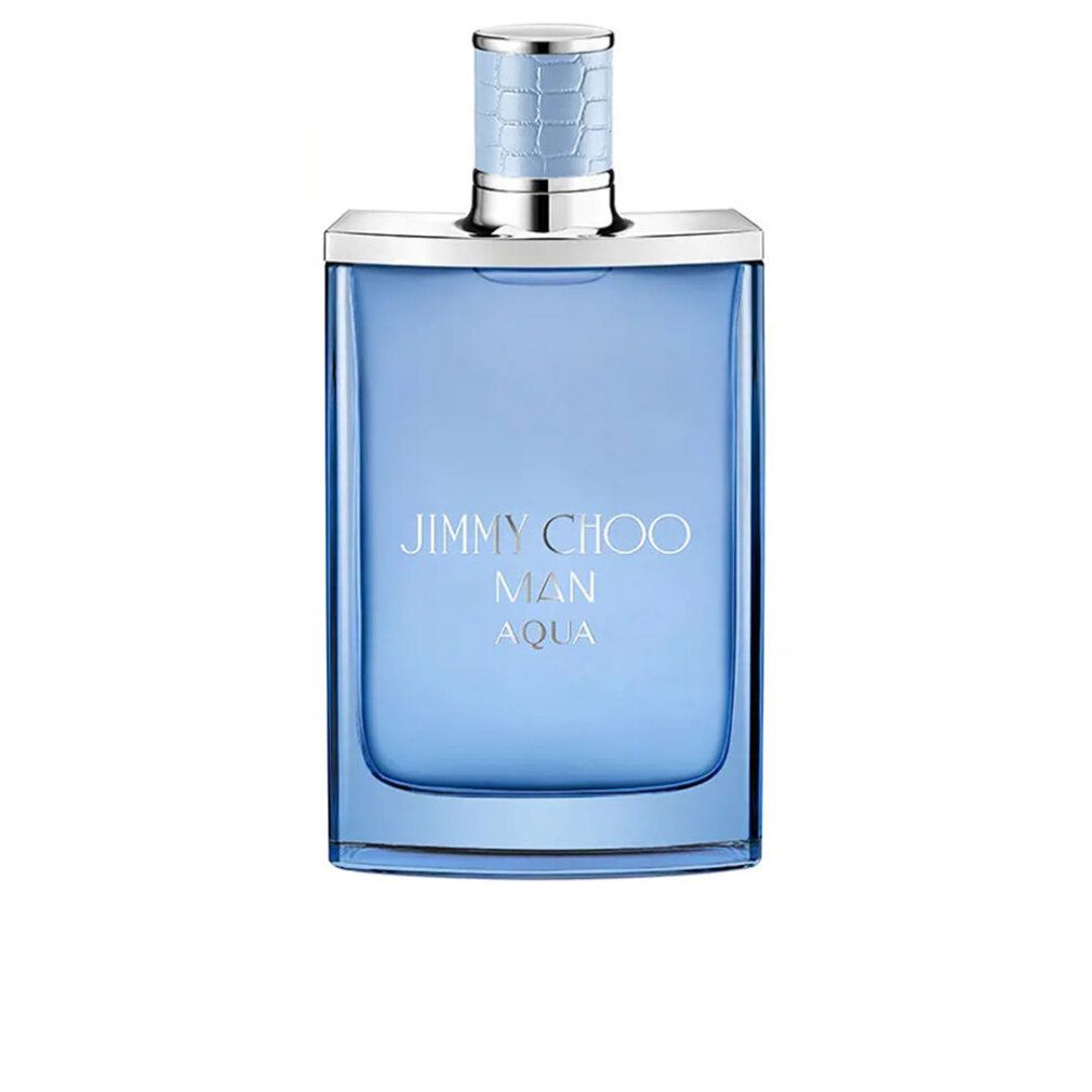 Flacone di profumo azzurro chiaro con tappo argentato. Scritta: JIMMY CHOO MAN AQUA. Forma quadrata.