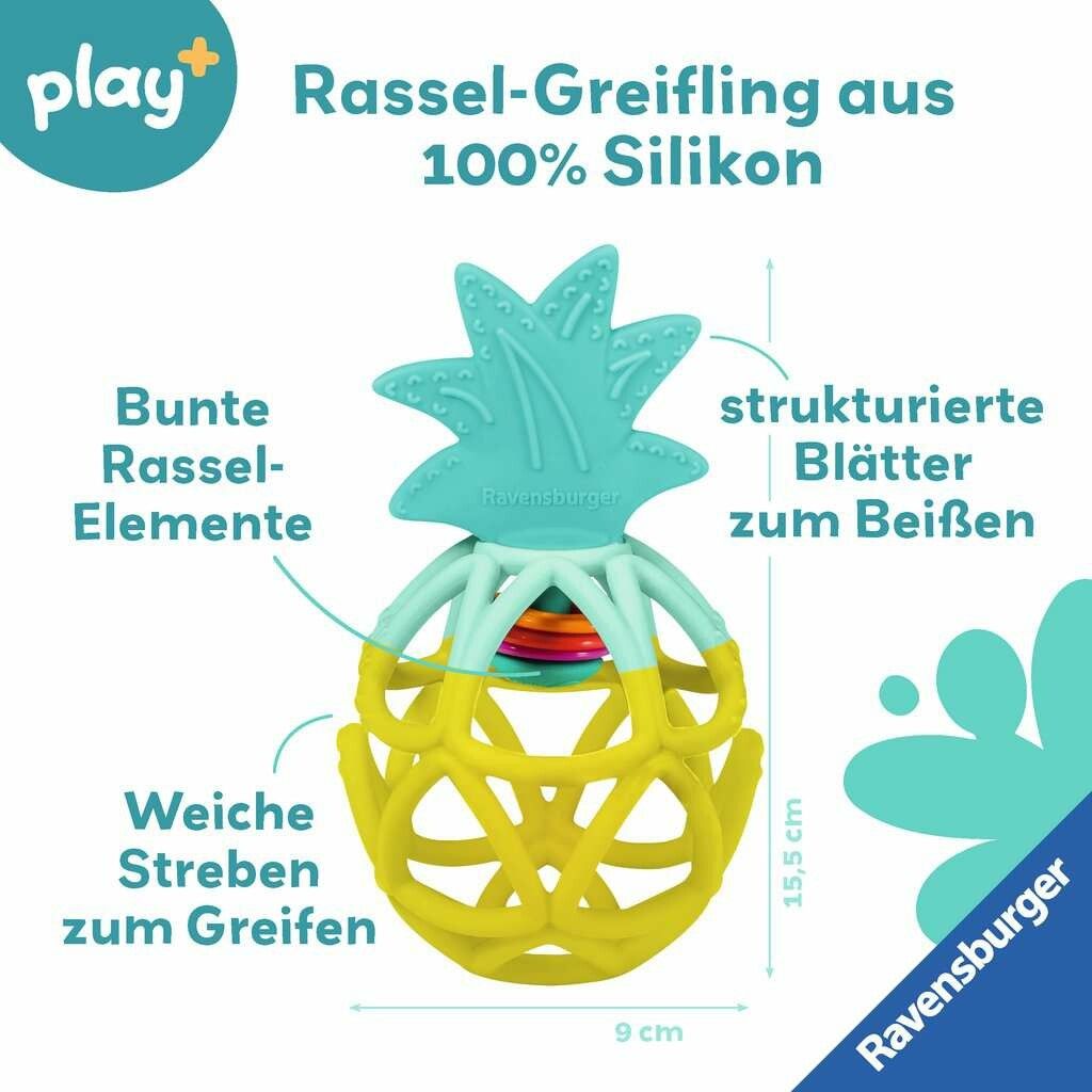 Massaggiagengive a forma di ananas in silicone al 100%. Forma giallo-turchese con elementi sonagli. Dimensioni: 9x15,5 cm. Testo: 'foglie strutturate', 'aste morbide'.