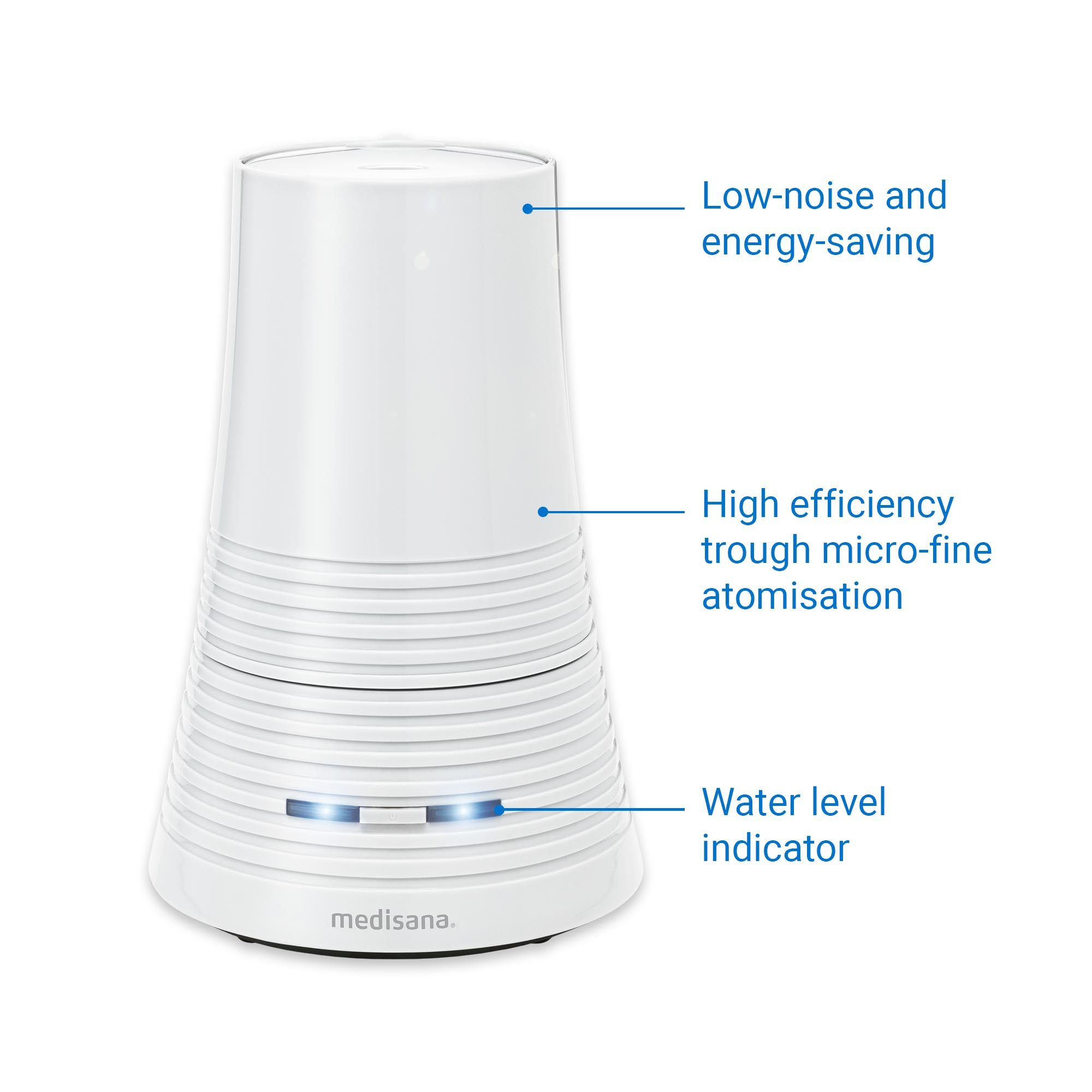 Umidificatore bianco con superficie scanalata. Scritte: "Low-noise and energy-saving", "High efficiency trough micro-fine atomisation".