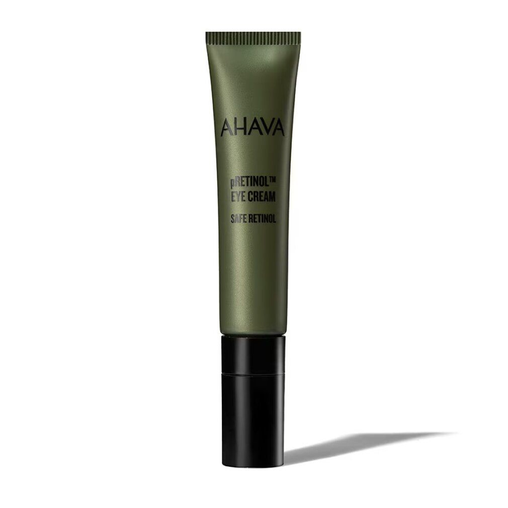 Tubo verde con tappo nero. Scritta: AHAVA pREtinol EYE CREAM SAFE RETINOL. Ombra.