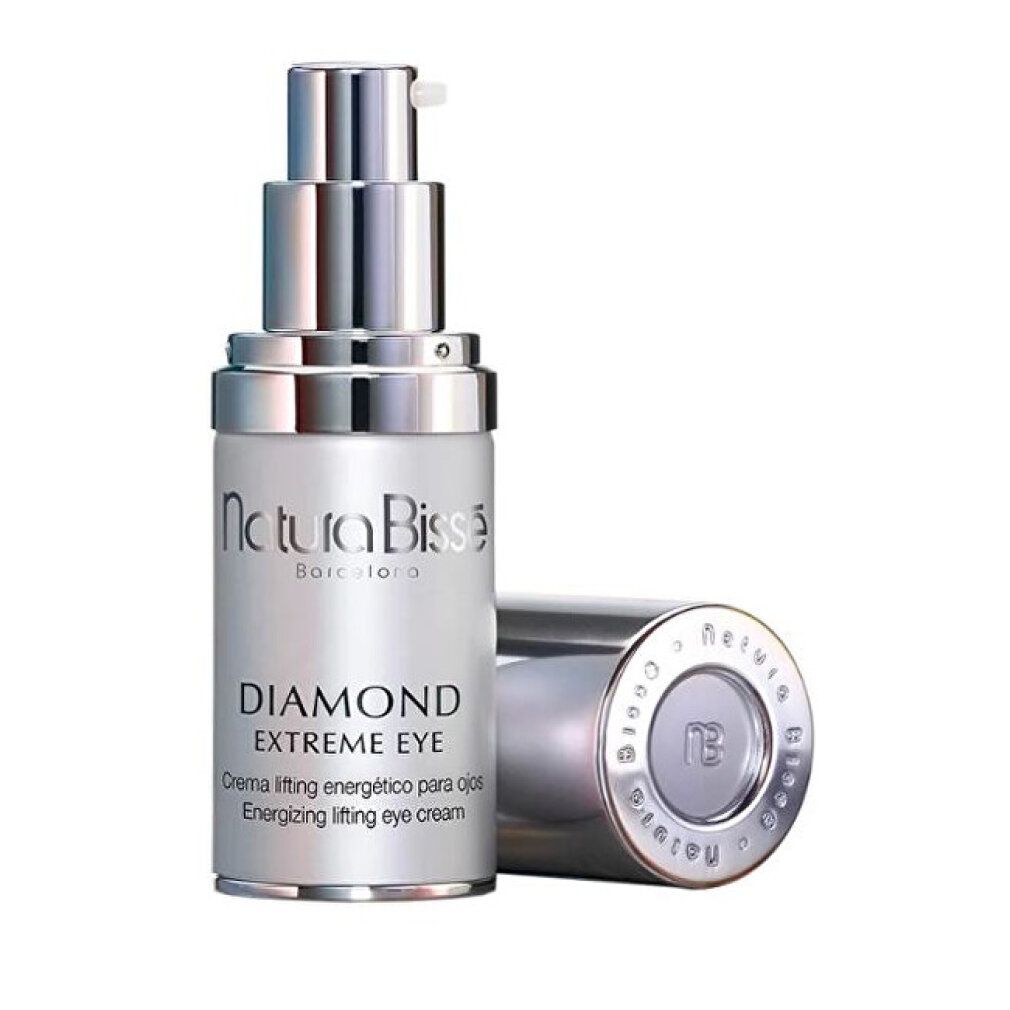 Flacone argento con dosatore. Scritta: Natura Bissé, Diamond Extreme Eye. Crema lifting energizzante per occhi.