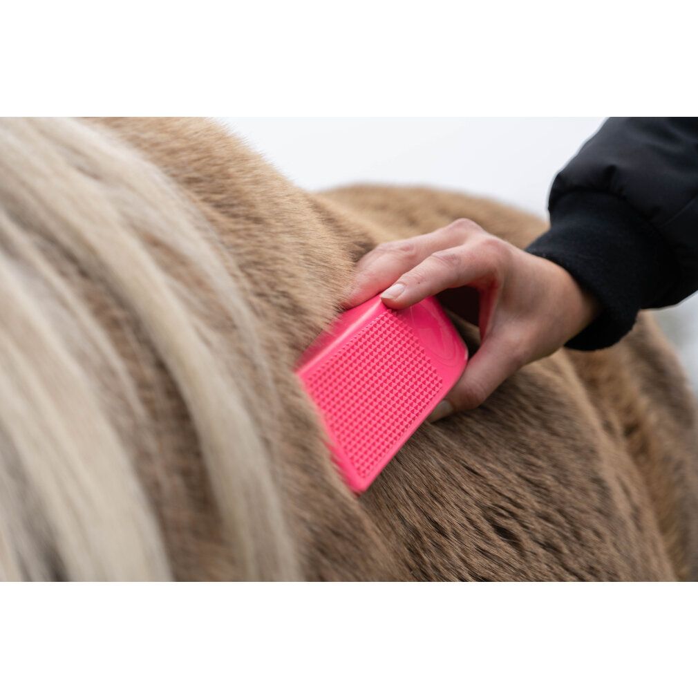 Spazzola rosa rettangolare usata sul pelo di un cavallo. Superficie perforata.