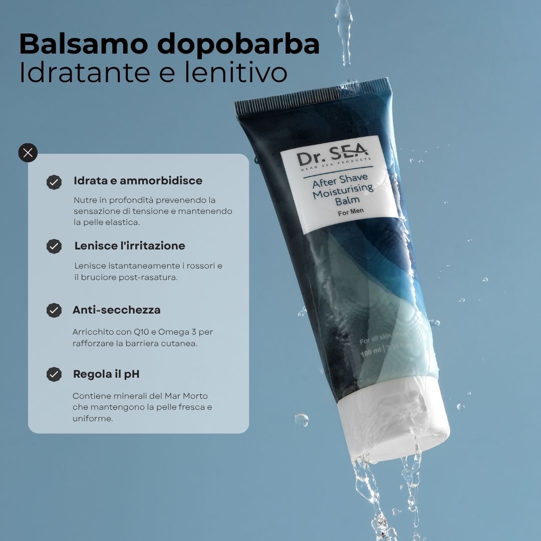Tubo di balsamo dopobarba. Testo: Idratazione, lenitivo, anti-secchezza, regolazione del pH.