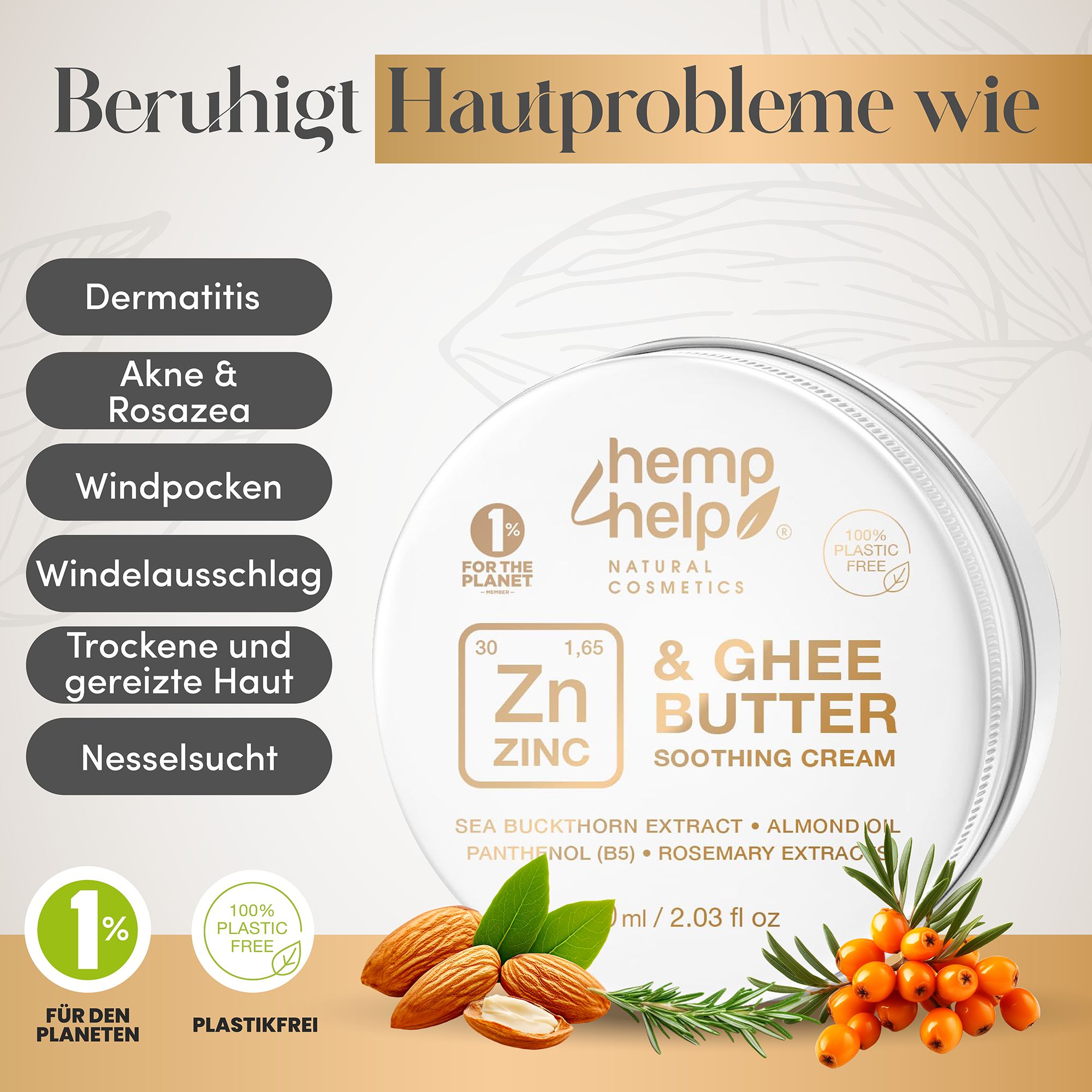 Barattolo di crema, mandorle, olivello spinoso, rosmarino. Testo: Lenisce problemi della pelle come: Dermatite, acne, varicella, ecc.