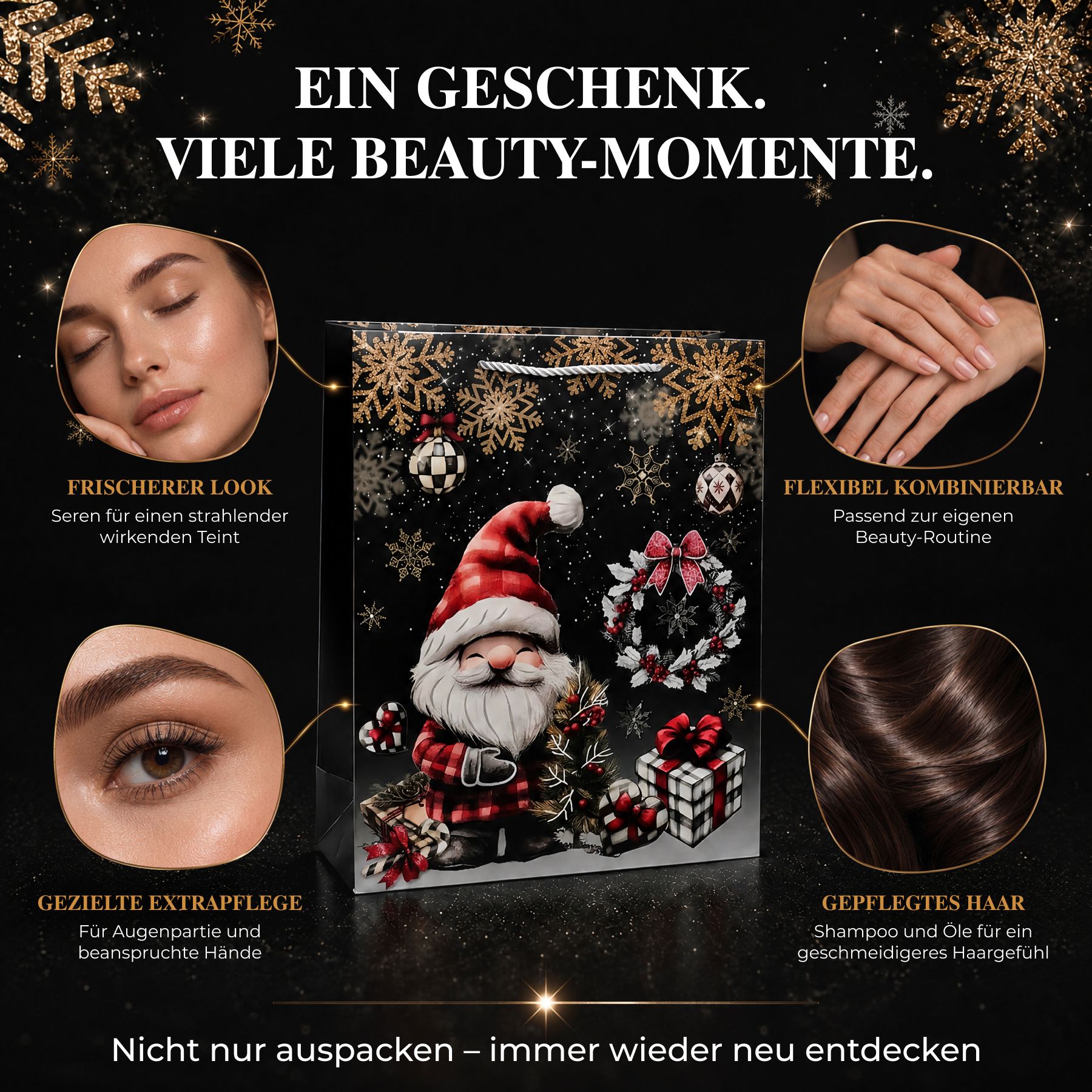 La collage mostra prodotti per la cura del viso e delle mani di un set regalo di bellezza, design natalizio.