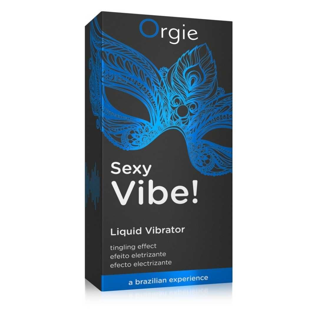 Confezione nera con motivo maschera blu. Testo: Sexy Vibe!, Liquid Vibrator. Marchio: Orgie.