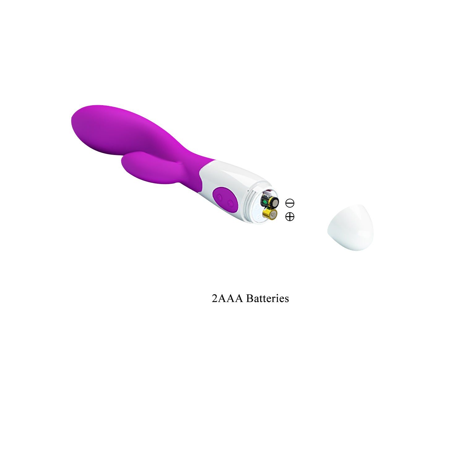 Vibratore con vano batterie aperto. 2 batterie AAA. Sfondo bianco.