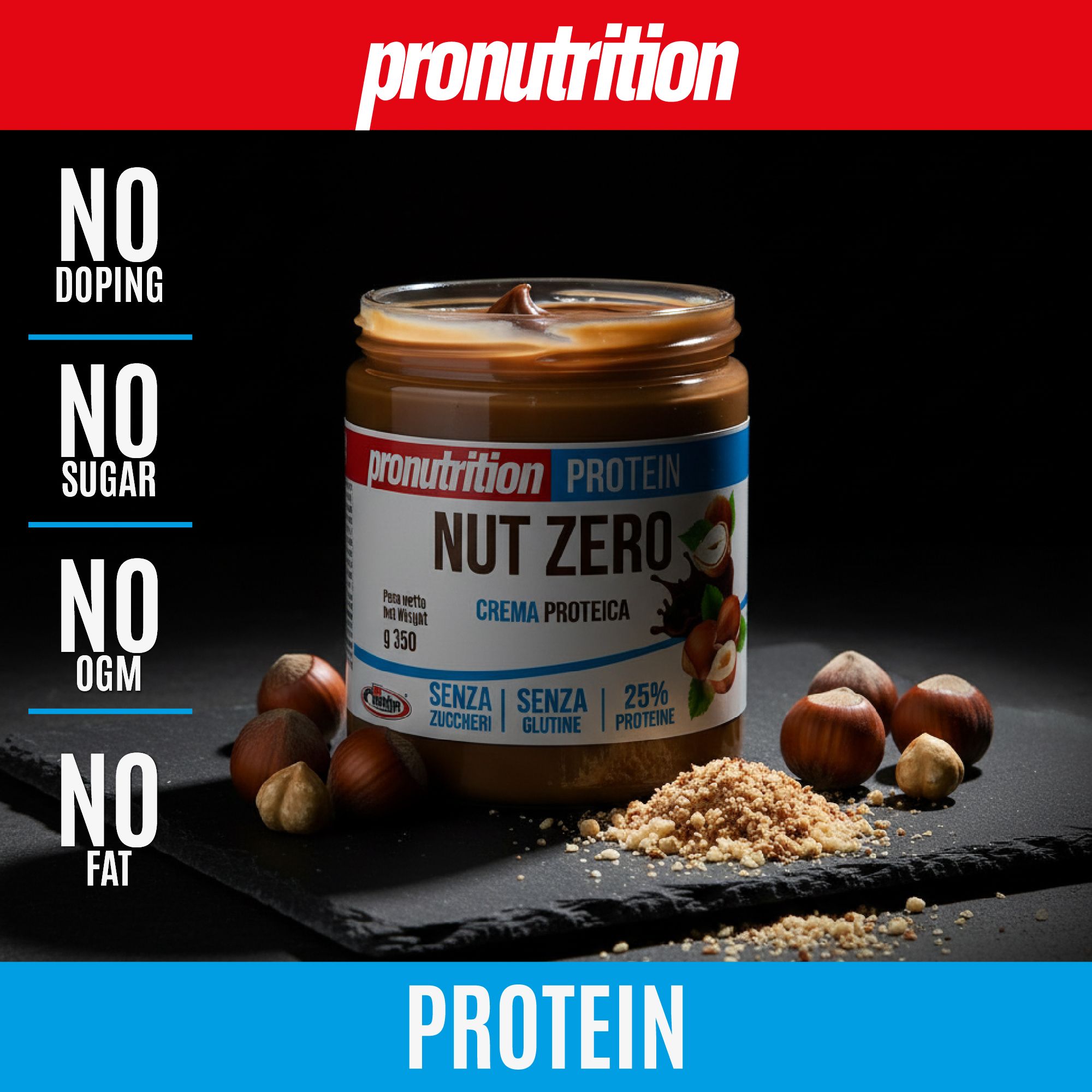 Vaso di crema proteica, nocciole e briciole. Scritta: Nut Zero, Crema Proteica, 25% proteine, senza zucchero, glutine, OGM e grassi.