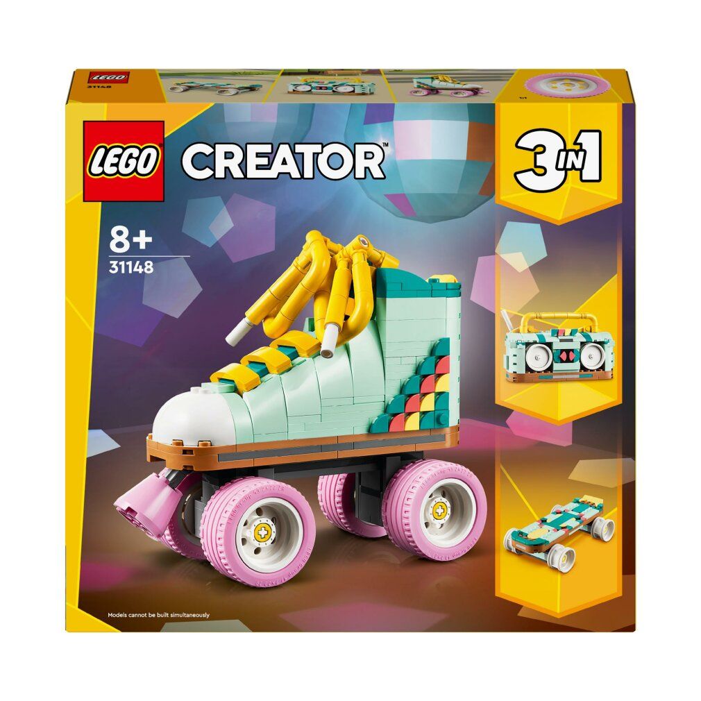 LEGO Creator 3in1. Pattino a rotelle retrò in mattoncini LEGO. Ruote rosa, lacci gialli. Confezione con logo 3in1.