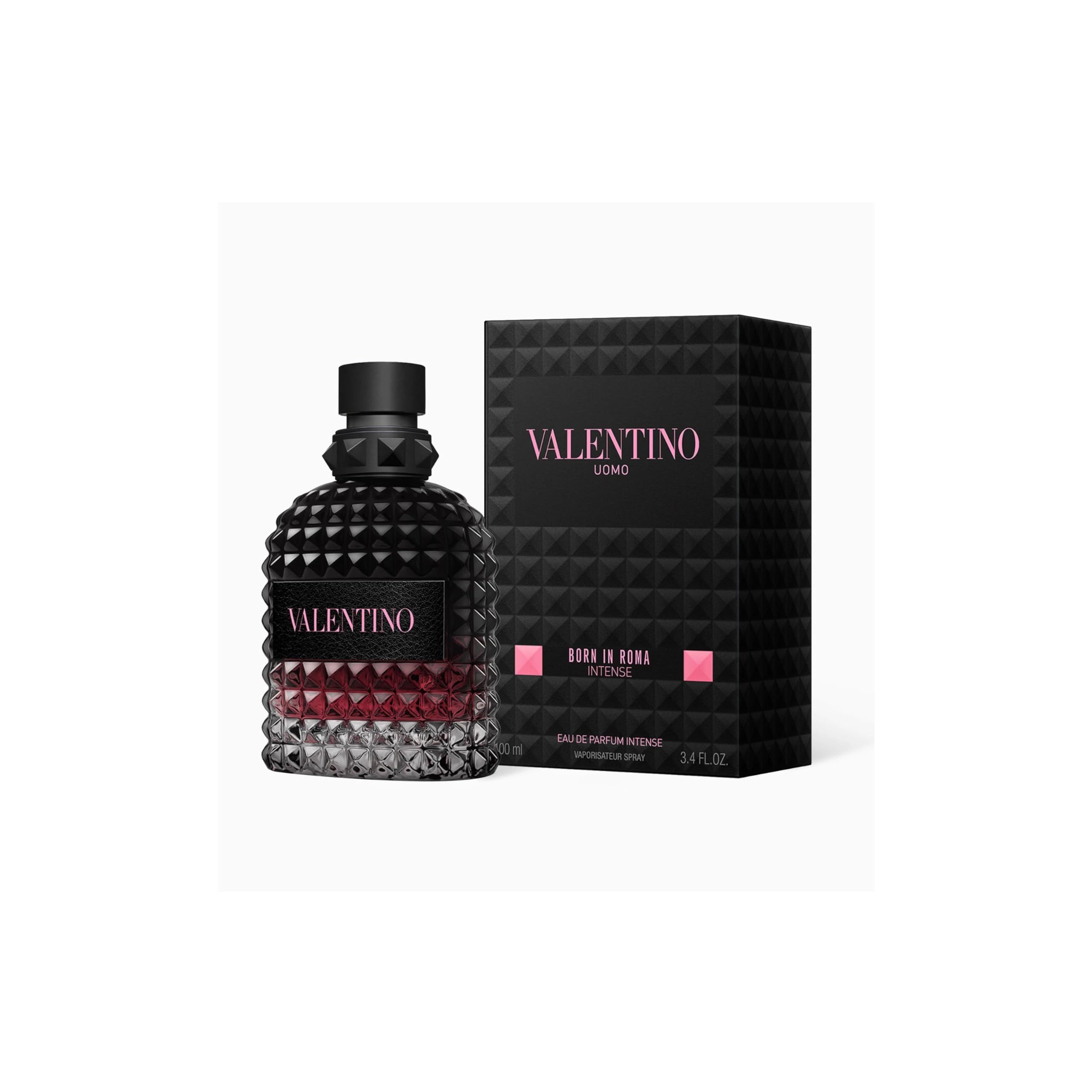 Flacone e scatola neri. Flacone con motivo borchiato, scatola con VALENTINO UOMO, Born In Roma Intense.