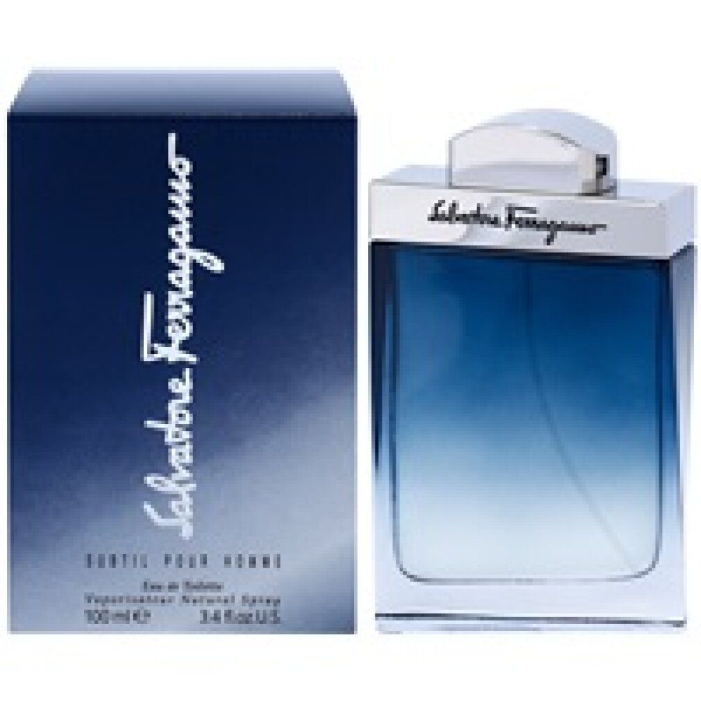 Salvatore Ferragamo Subtil Pour Homme Eau de Toilette Spray. Flacone e confezione. Sfumatura blu.