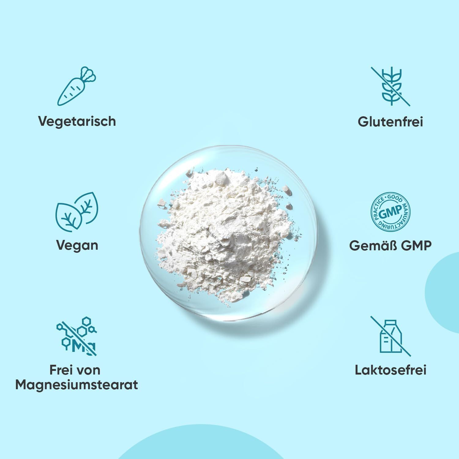 Polvere bianca in una ciotola. Vegetariano, vegano, senza glutine, senza lattosio, senza stearato di magnesio, conforme a GMP.