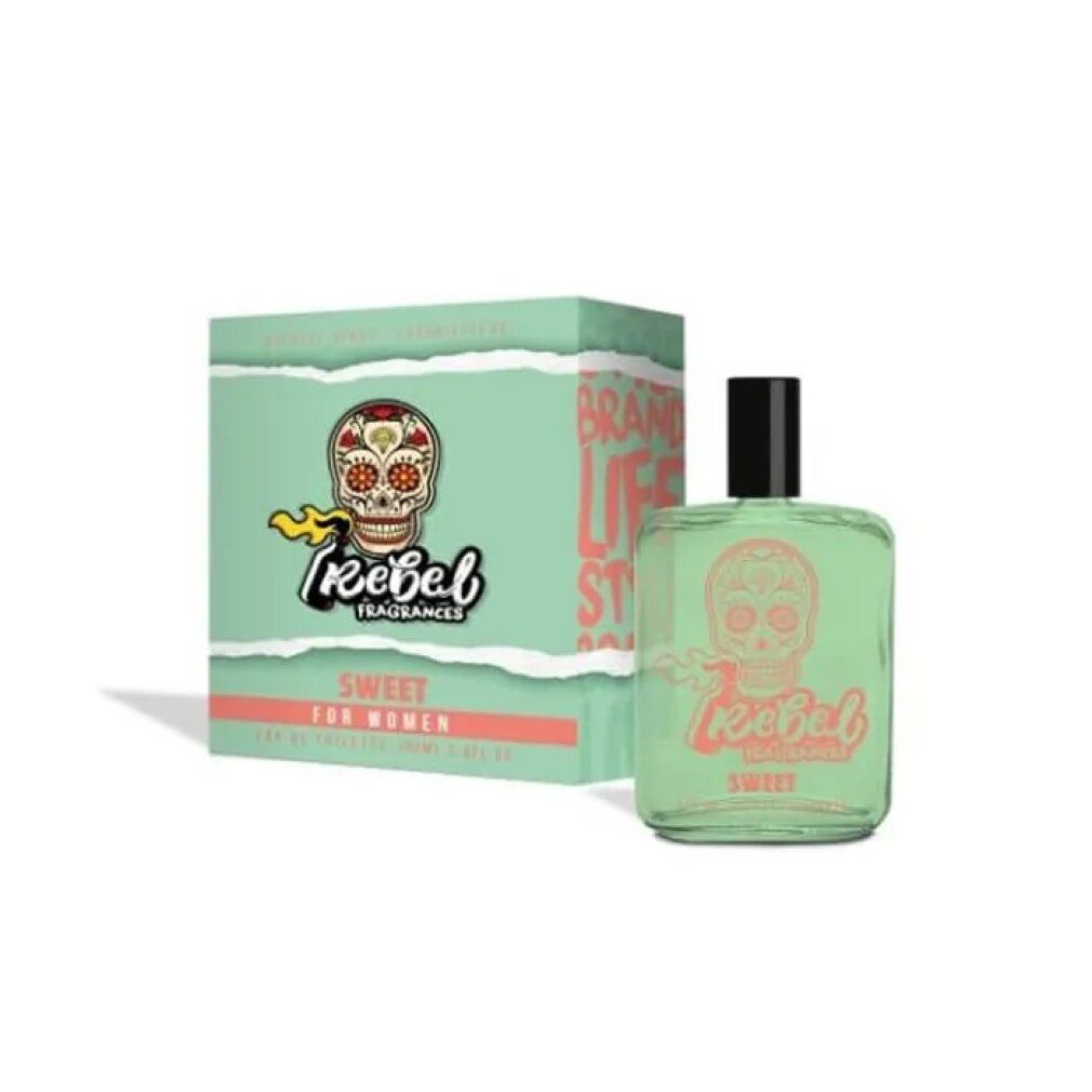 Eau de toilette e confezione. Liquido verdognolo in bottiglia quadrata. Scritta: Rebel Sweet for Women.