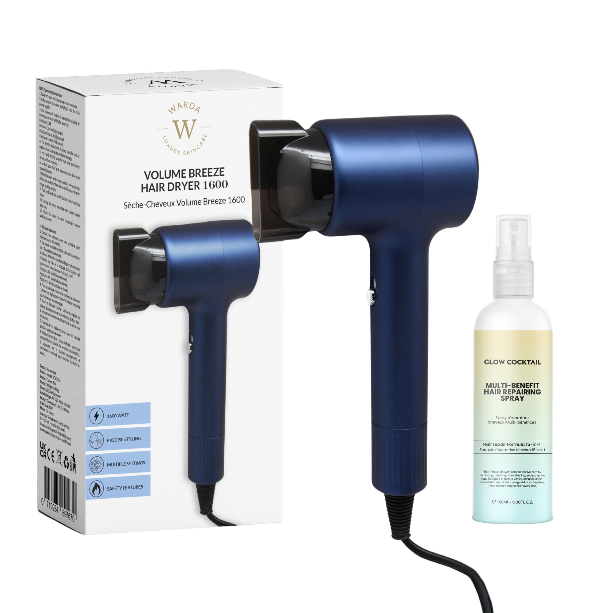 Glow Cocktail Asciugacapelli Volume Breeze con Spray Multifunzionale Riparatore per Capelli