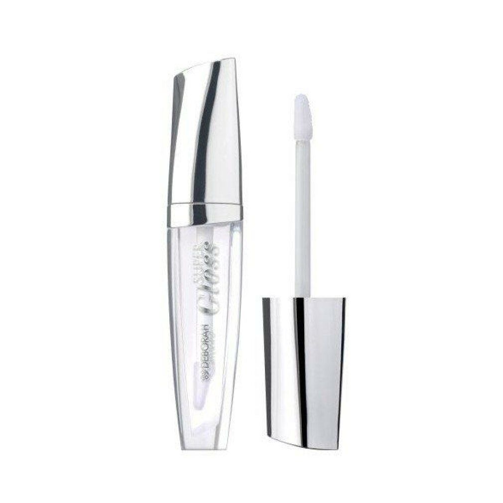 Lucidalabbra trasparente. Flacone trasparente, tappo argento. Scritta: Super Gloss, Deborah Milano. Applicatore visibile.