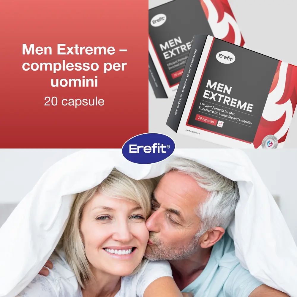 Erefit Men Extreme. Confezione del prodotto. Coppia a letto. Testo: Men Extreme - complesso per uomini. 20 capsule.