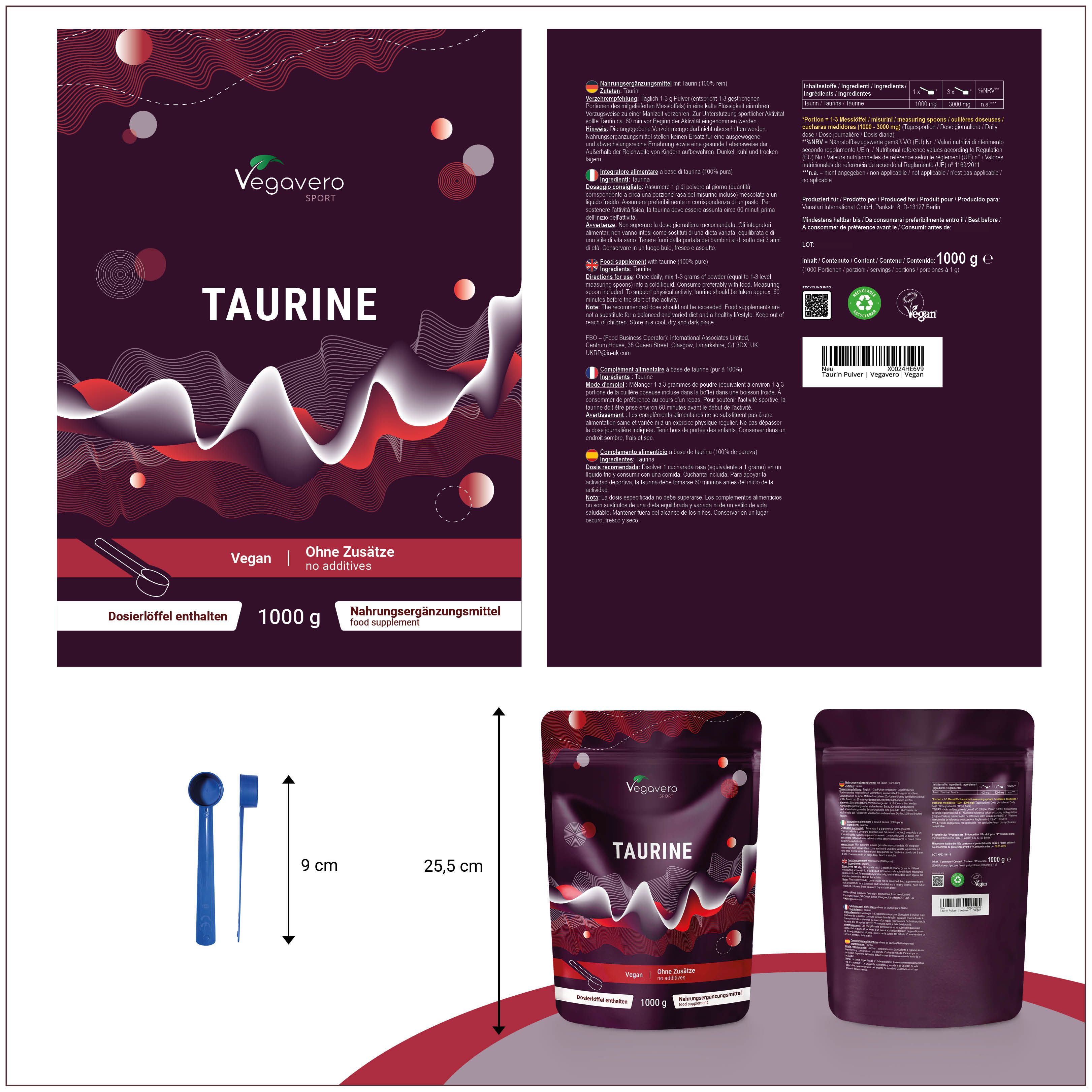 Confezione del prodotto con polvere di taurina VEGAVERO. Scritta: TAURINE, 1000 g. Dimensioni: 25,5 cm di altezza, 9 cm di larghezza. Con misurino e spazzola.