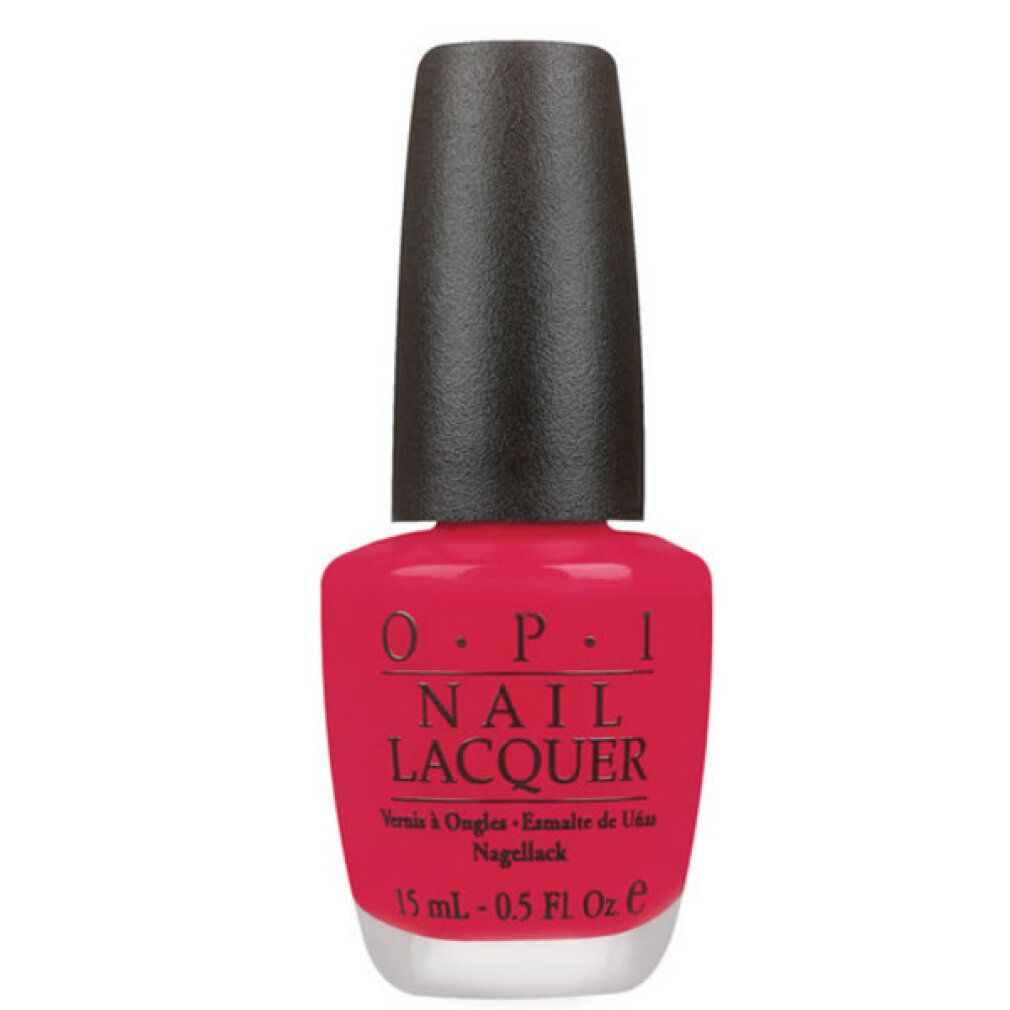 Flacone di smalto rosa con tappo nero. OPI Nail Lacquer, 15 ml, è visibile sull'etichetta.