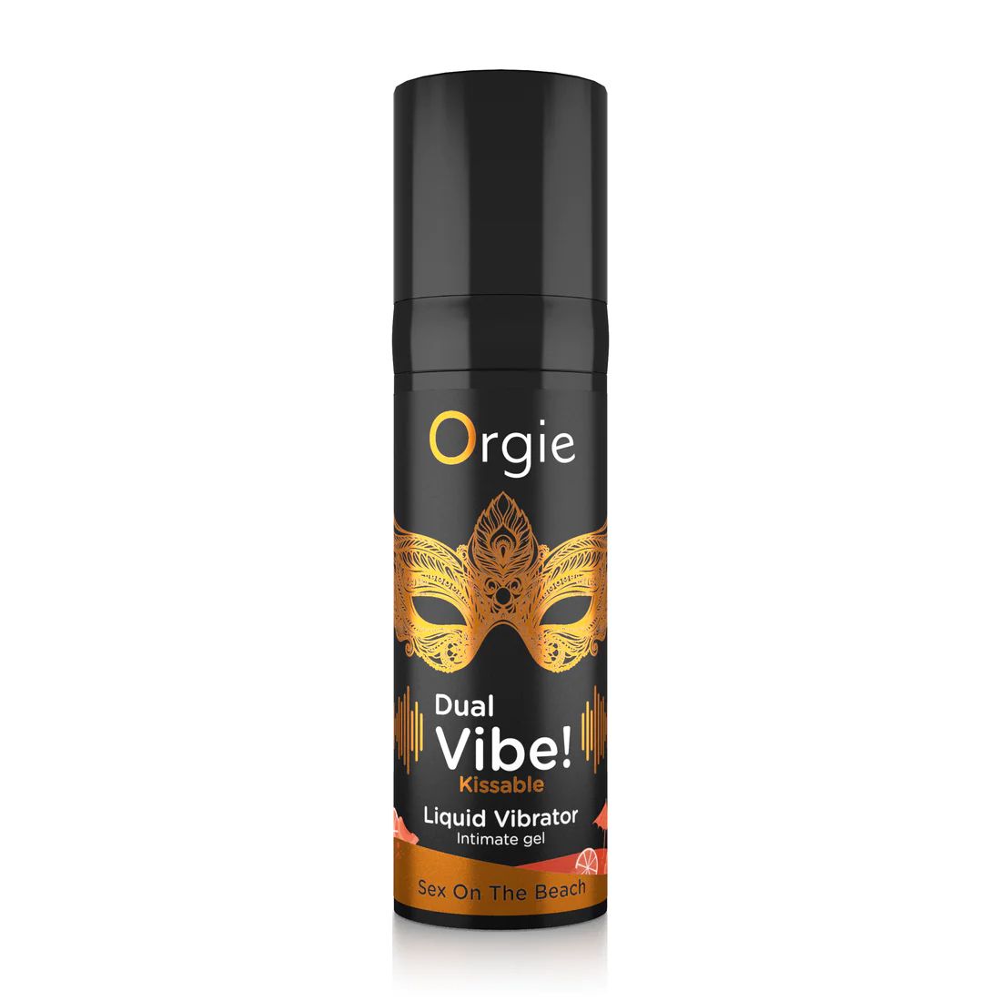 Flacone nero con tappo nero. Scritta: Orgie, Dual Vibe! Kissable Liquid Vibrator. Maschera e testo dorati.