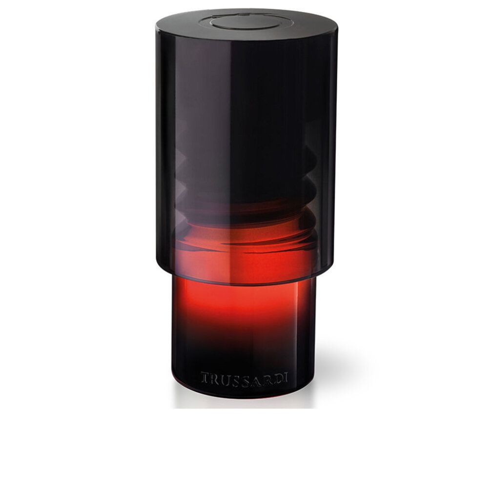 Flacone nero con sfumatura rossa. Scritta "TRUSSARDI" in basso.