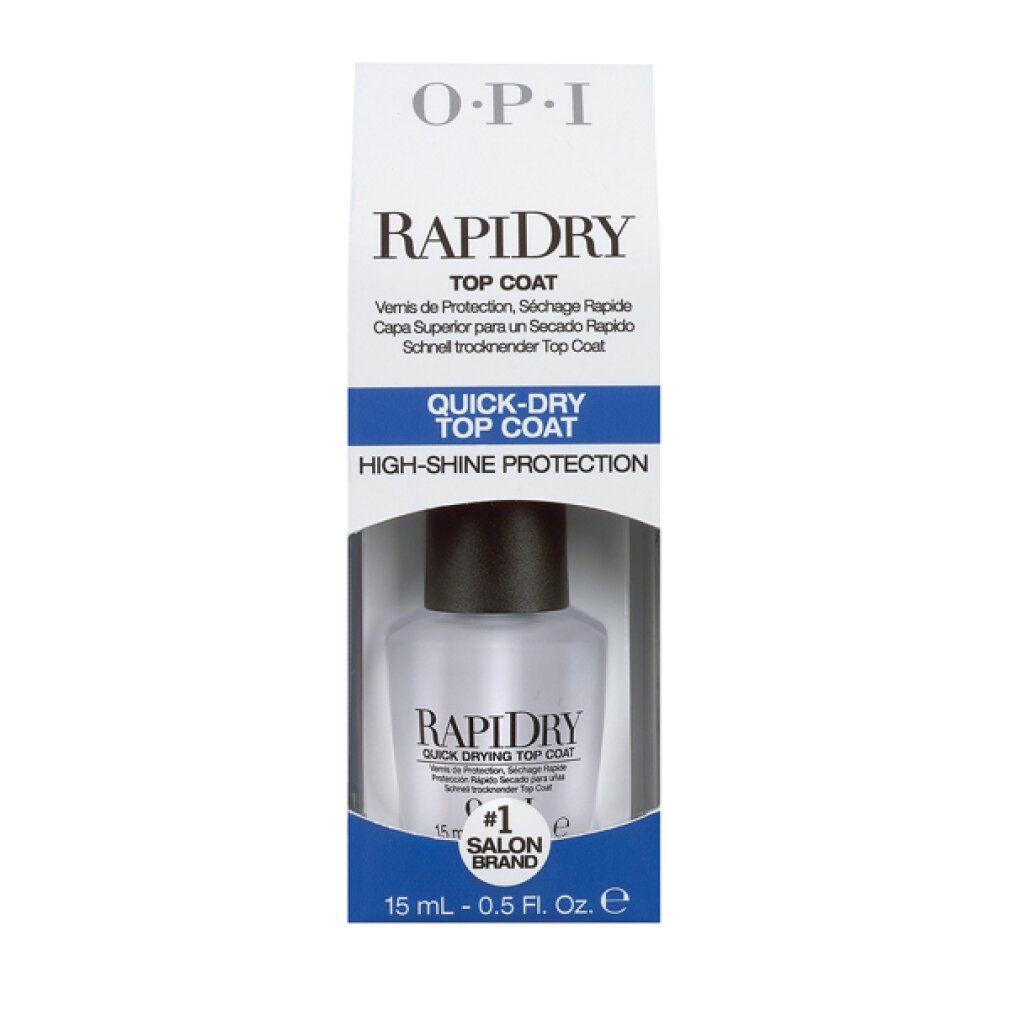 OPI Rapidry Top Coat in confezione. Confezione con immagine del prodotto. Scritta: Rapidry, OPI, Quick-Dry Top Coat, 15 ml - 0.5 fl. oz.