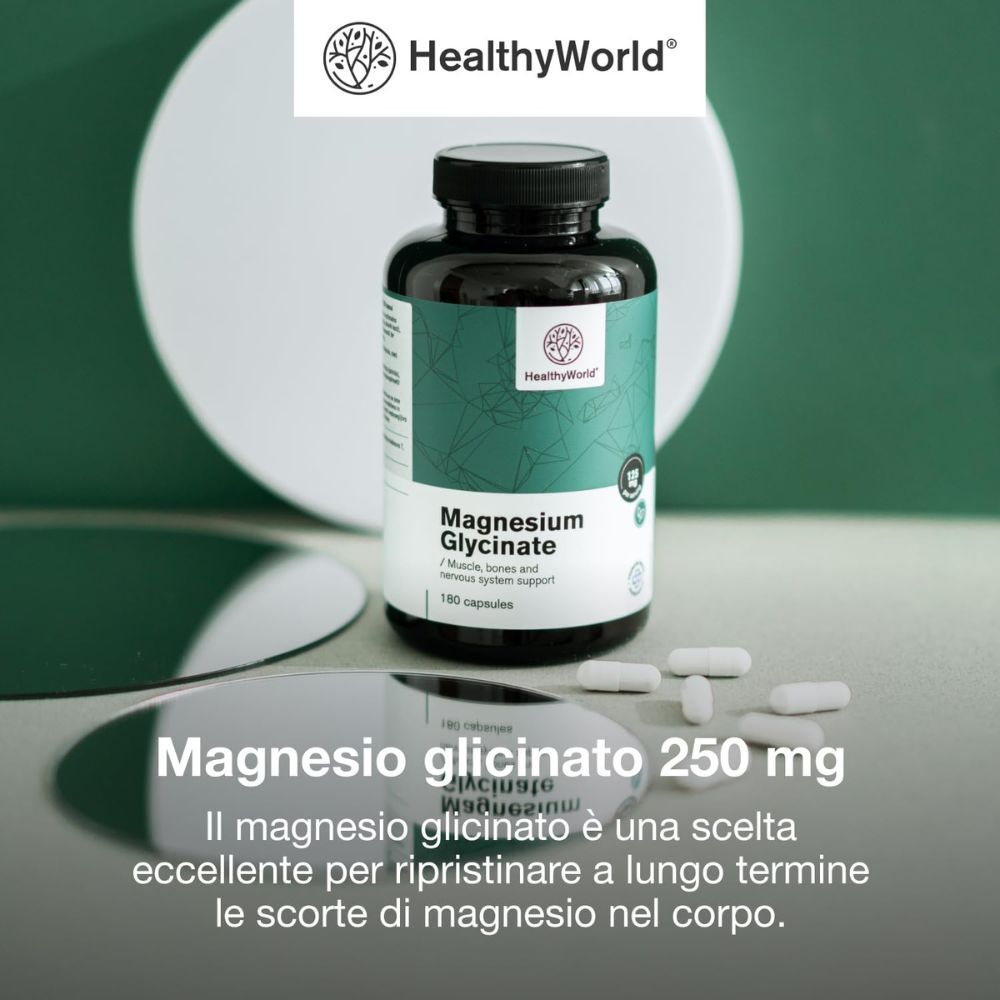 Flacone HealthyWorld Magnesium Glycinate 250 mg, 180 capsule. Testo: Il magnesio glicinato è un'ottima scelta per ripristinare le riserve di magnesio nel corpo.