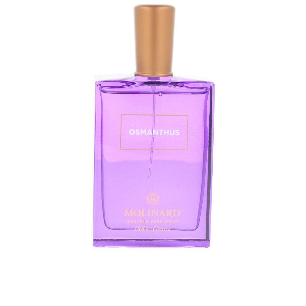 Flacone in vetro viola con tappo color bronzo ed etichetta "OSMANTHUS".
