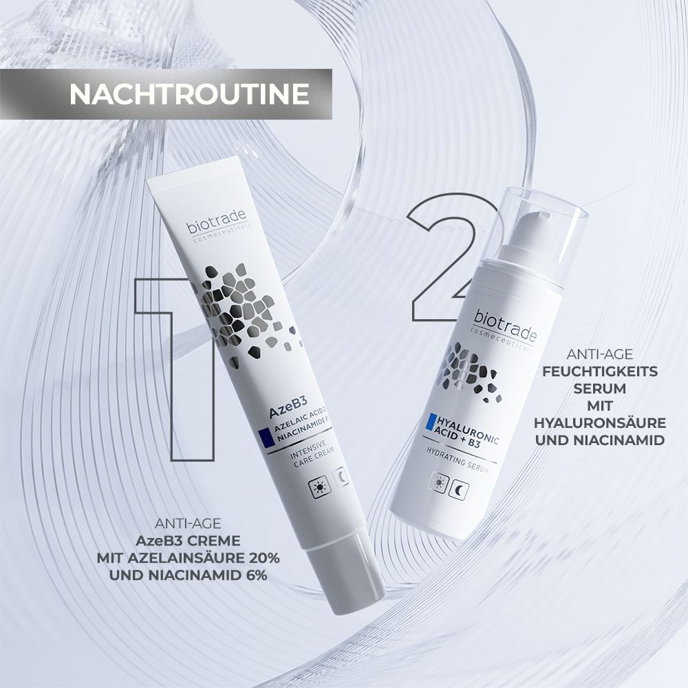 Due prodotti: Tubo AzeB3 crema e flacone siero acido ialuronico. Marchio: Biotrade. Testo: AzeB3 crema, siero acido ialuronico.