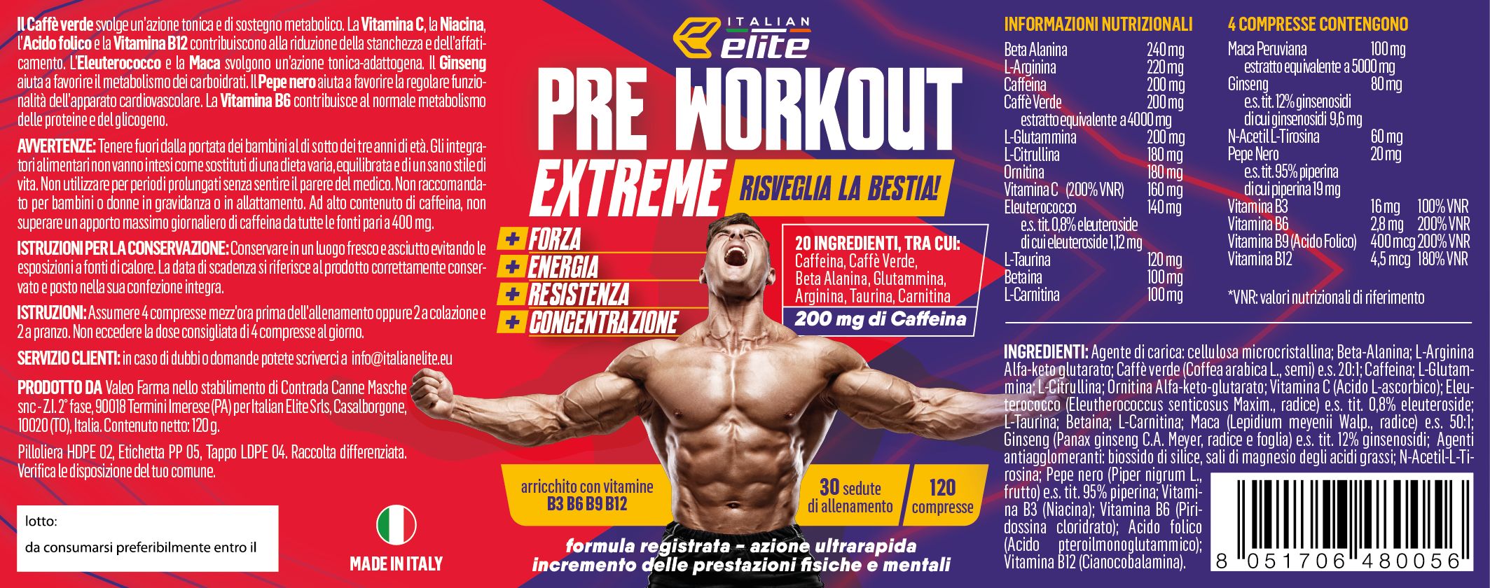 Confezione del prodotto. Italian Elite Pre Workout Extreme. Scritte: Forza, Energia, Resistenza, Concentrazione. 120 compresse.