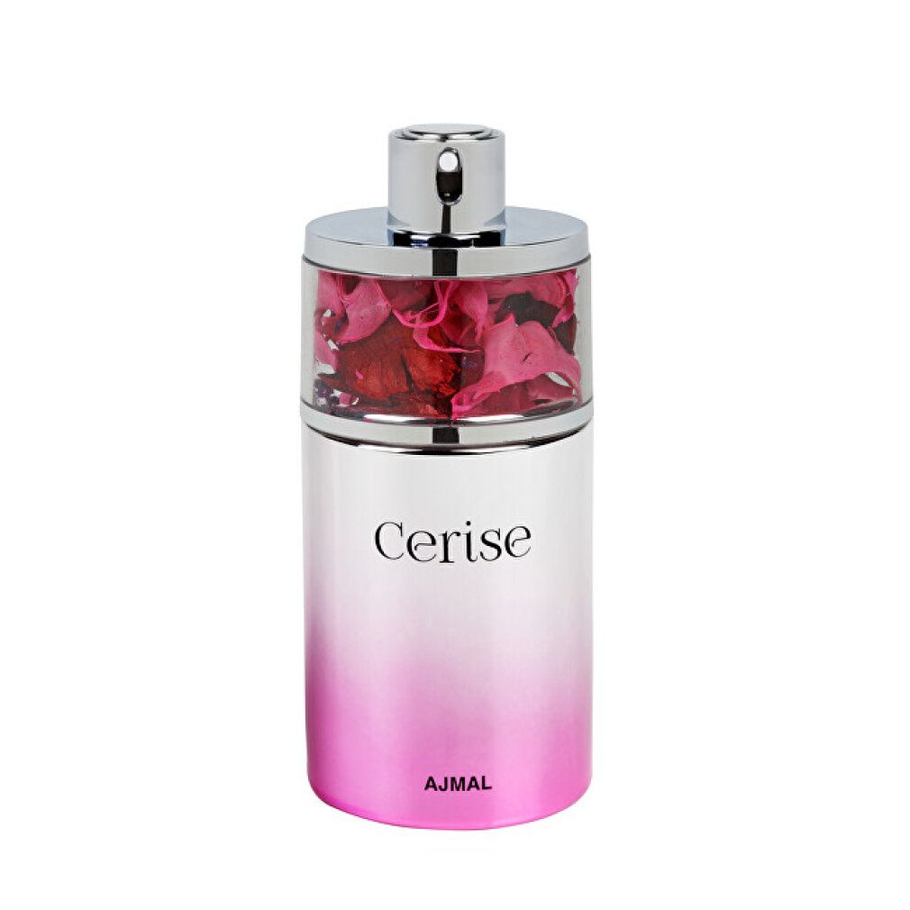 Flacone di profumo con tappo argentato e sfumatura rosa. La parte superiore contiene petali. Scritta: Cerise, Ajmal.