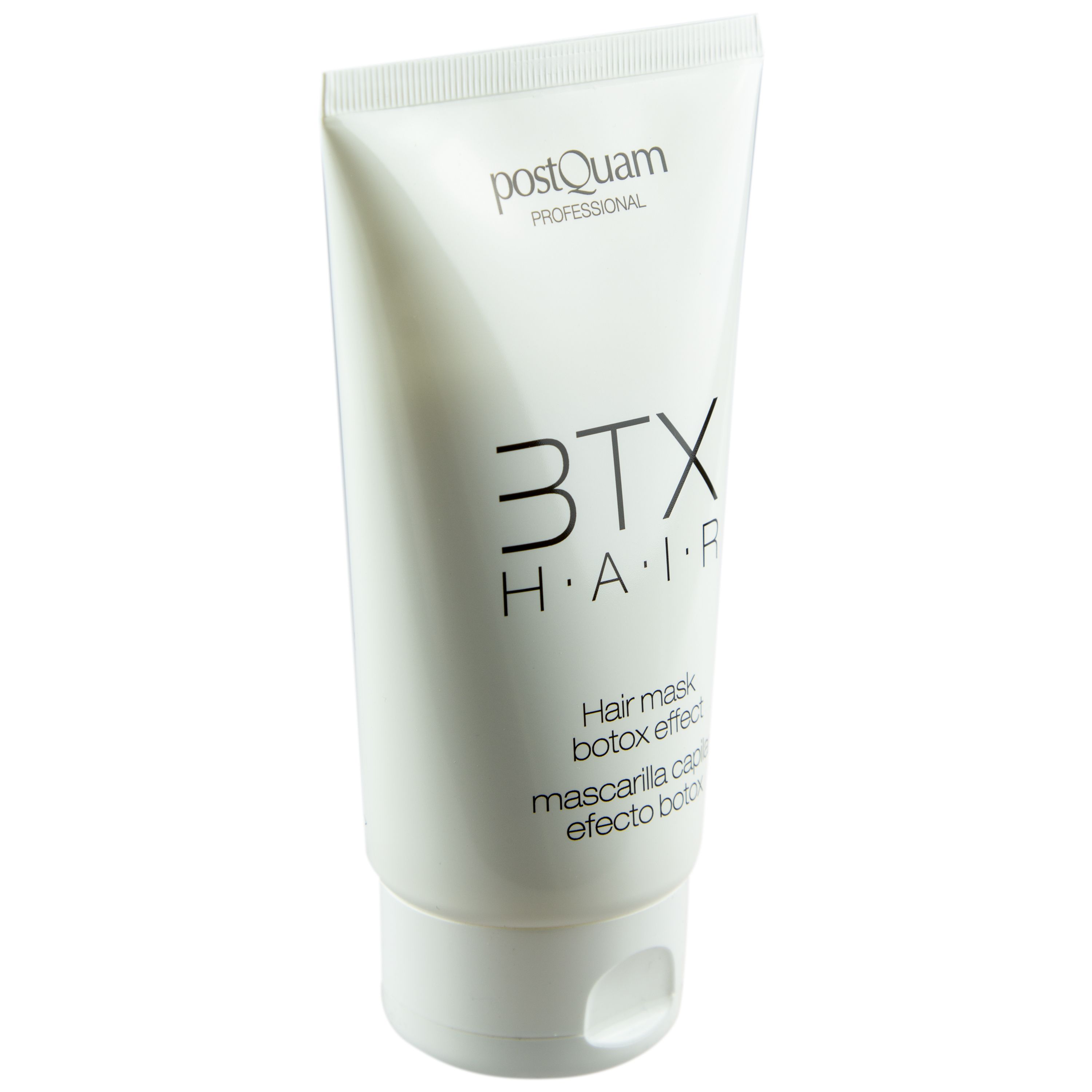 Tubo bianco con stampa nera. Testo: Postquam, 3TX HAIR, Hair mask botox effect, Mascarilla capilar efecto botox.