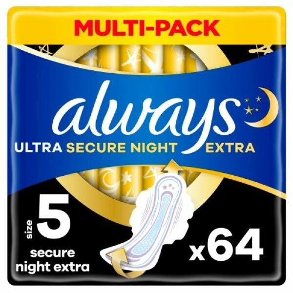 Multi-pack di Always Ultra Assorbenti Donna Gr. 5, Secure Night Extra. Contiene 64 pezzi. Confezione blu.