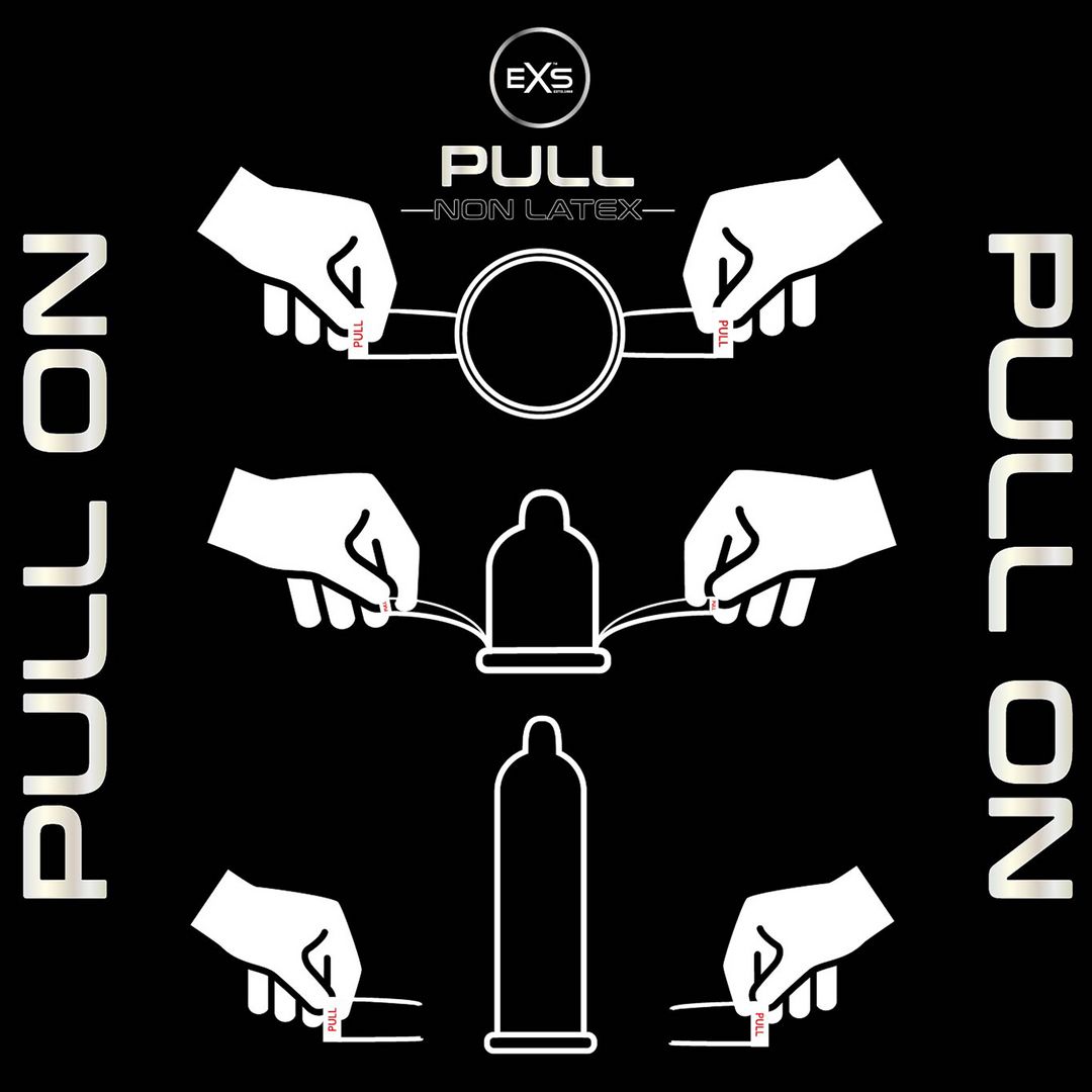 Grafica con mani bianche che aprono un preservativo. Testo: PULL -NON LATEX- e PULL ON.