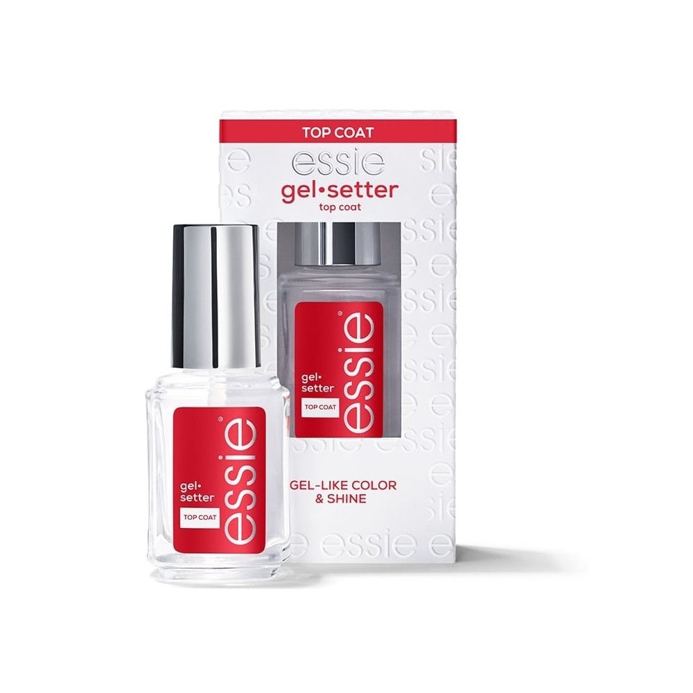 Essie Gel Setter Top Coat. Flacone e confezione. Etichette rosse con testo bianco. Gel-Like Color & Shine.