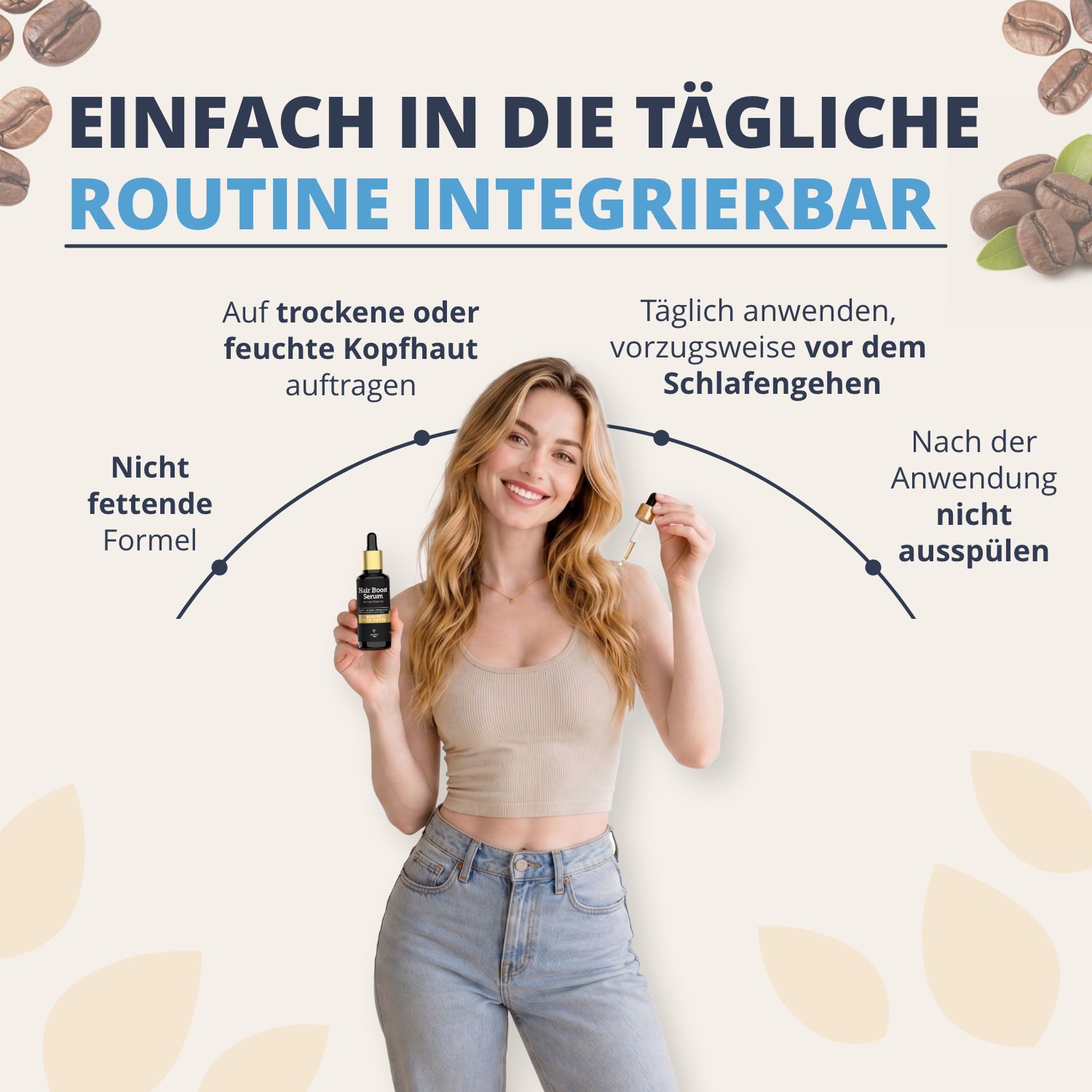 Donna che integra Golden Tree Hair Boost Serum nella sua routine; formula non grassa.