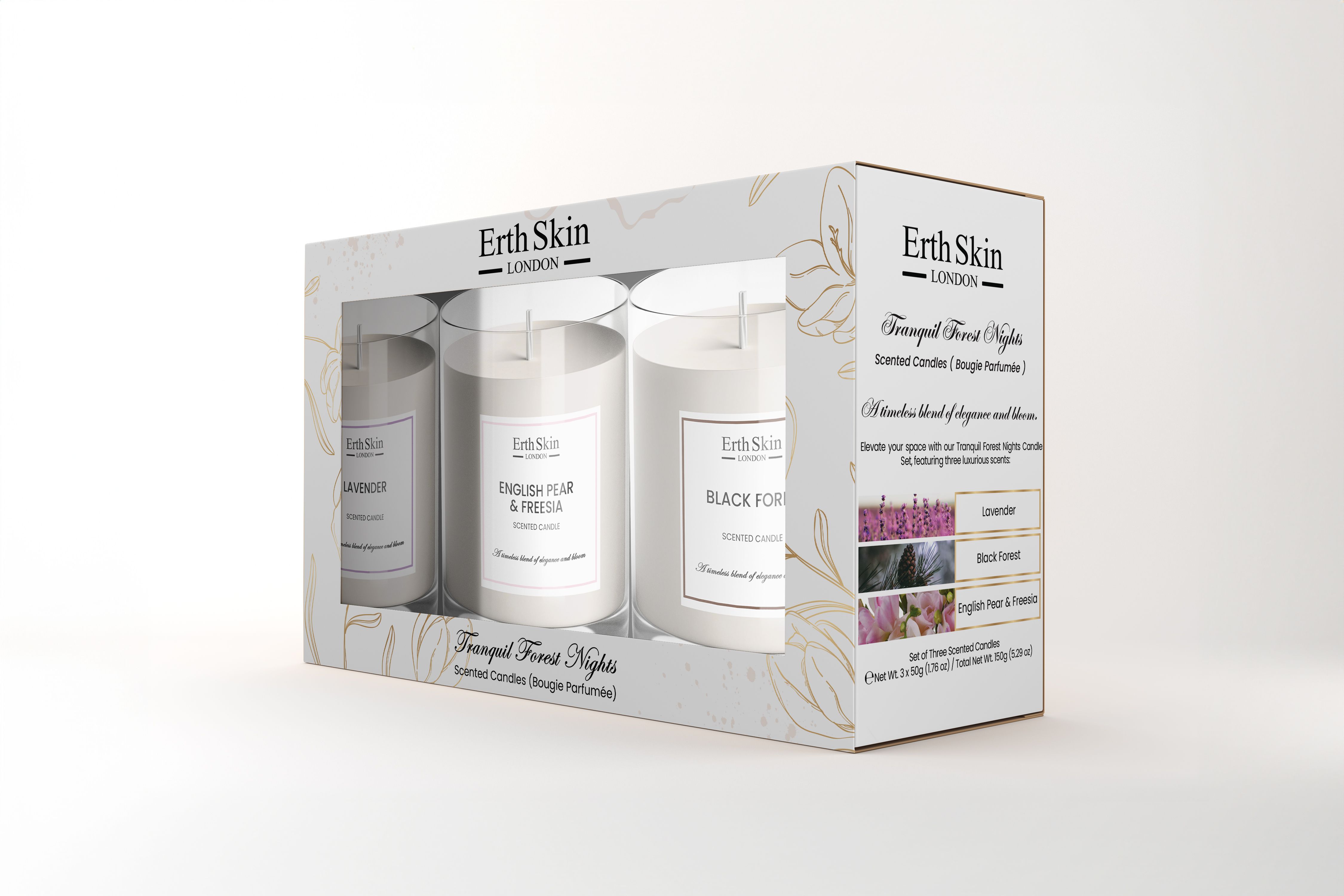 Confezione regalo con tre candele Erth Skin London. Scritta: "Tranquil Forest Nights". Etichette: "English Pear & Freesia", "Lavender" e "Black Forest".