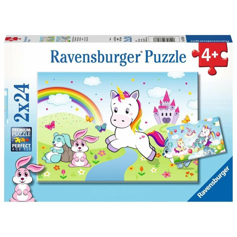 Scatola puzzle con due puzzle. Motivo: unicorno e animali davanti ad arcobaleno e castello. Marca: Ravensburger. Età consigliata: 4+
