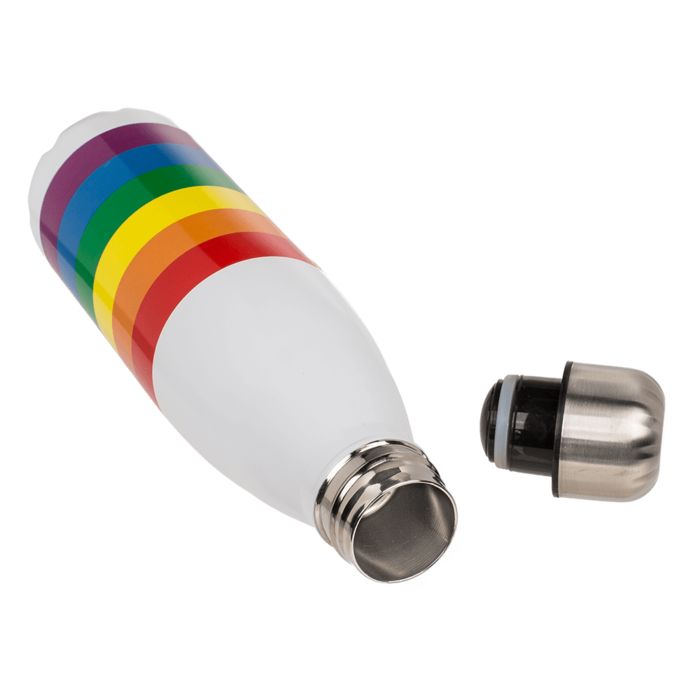 Borraccia in metallo bianca con strisce arcobaleno. Tappo rimosso. Bordo argentato.